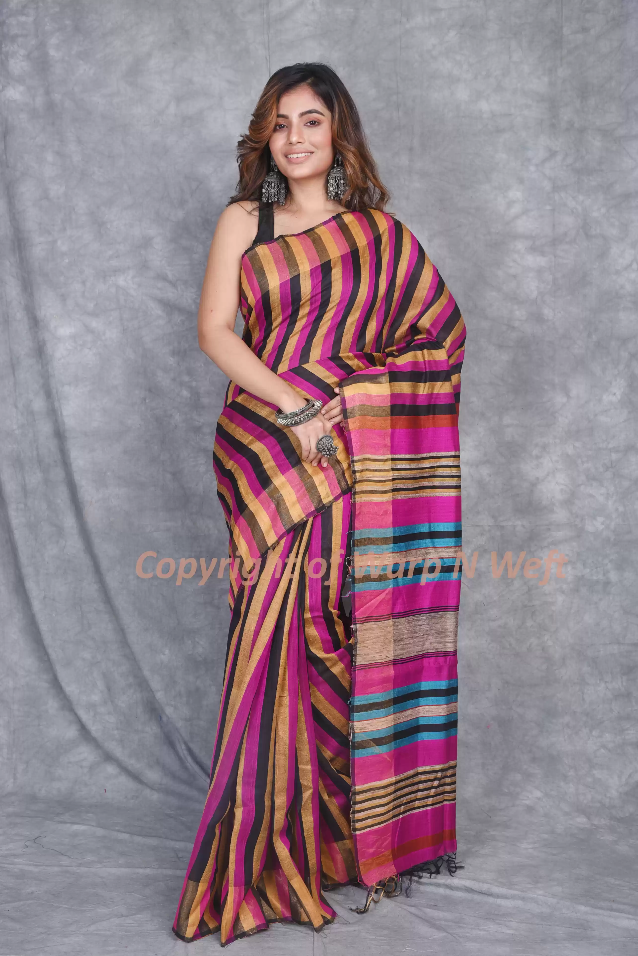 Leheriya Chanderi Tissue Saree in Magenta and Black with Multi-Colored Stripes