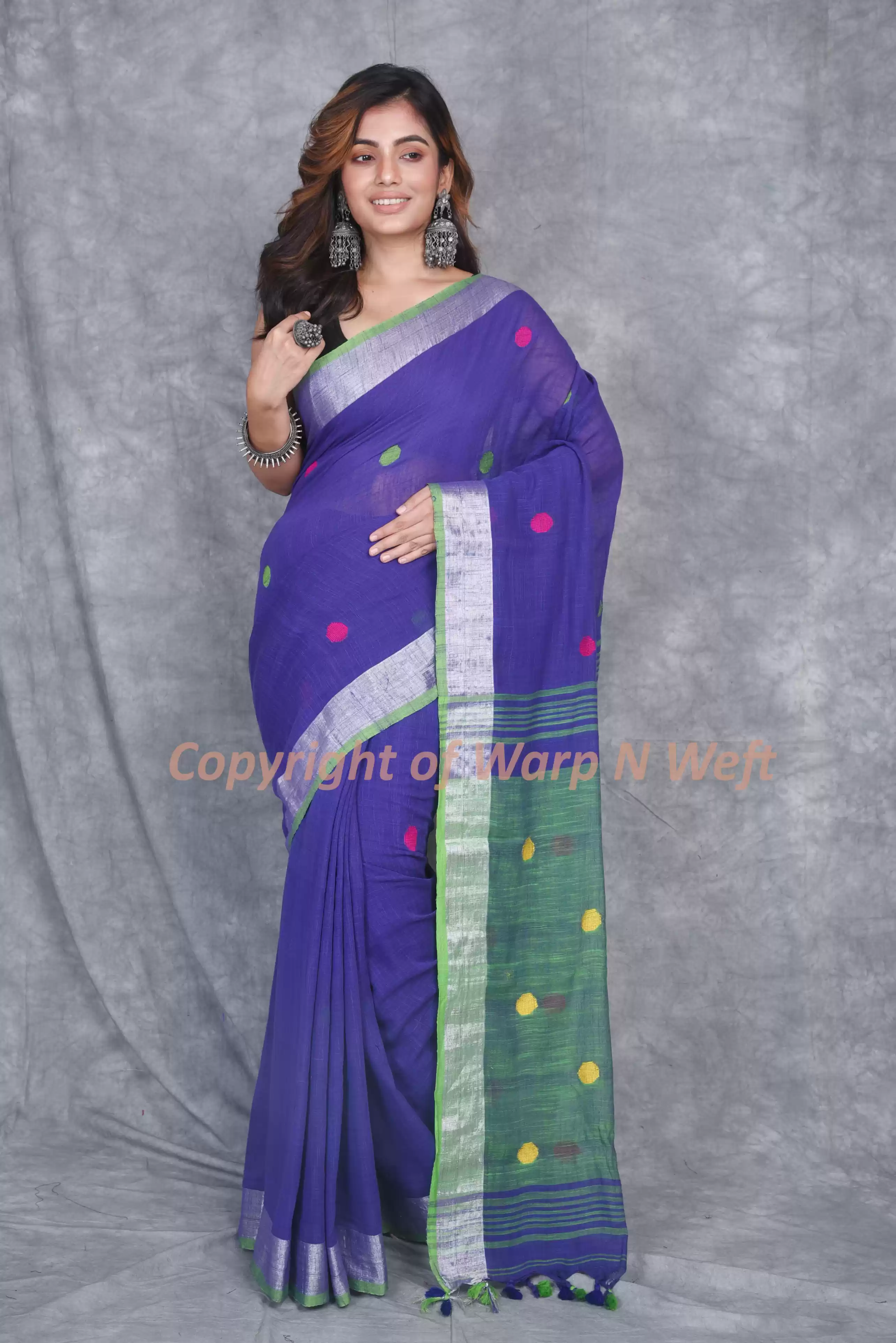 Handloom Cotton Saree with Blue Body, Green Pallu and Silver Zari Border