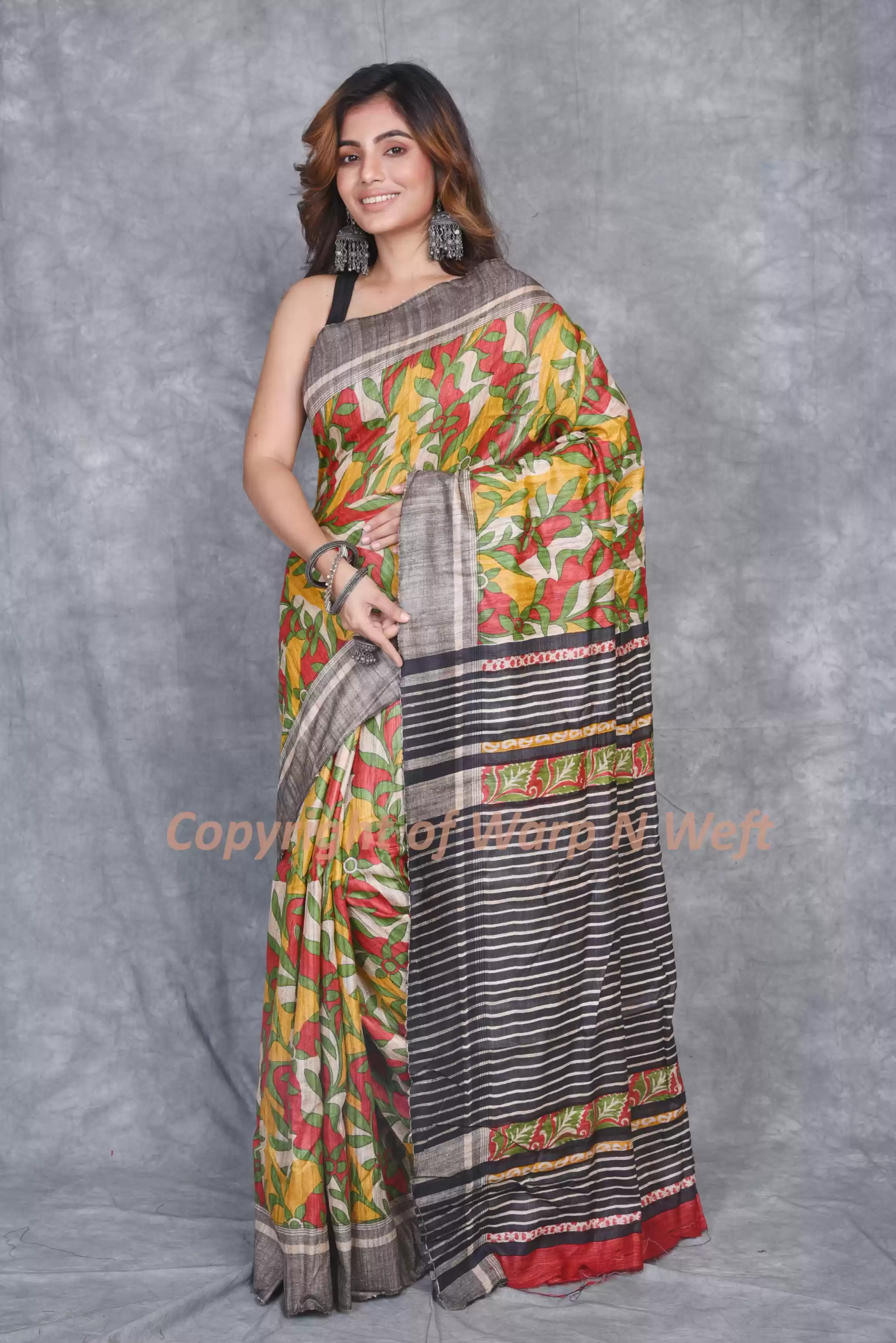 Handloom Bhagalpuri Tussar Ghicha Silk Saree with Multicolor Hand Block Floral Print and Black Striped Border