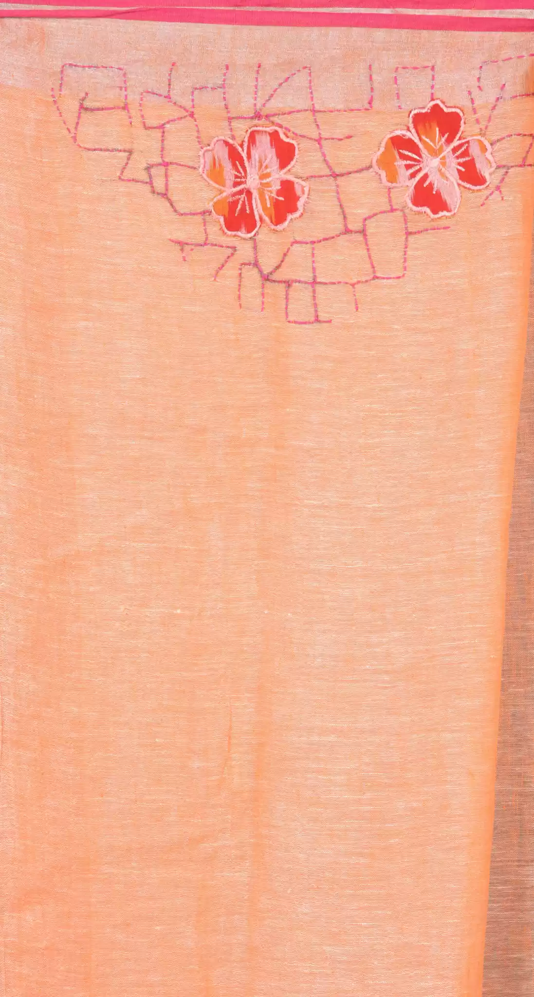 Orange Handwoven Pure Linen Saree with Silver Handspun Zari Border and Striped Pallu - Image 4