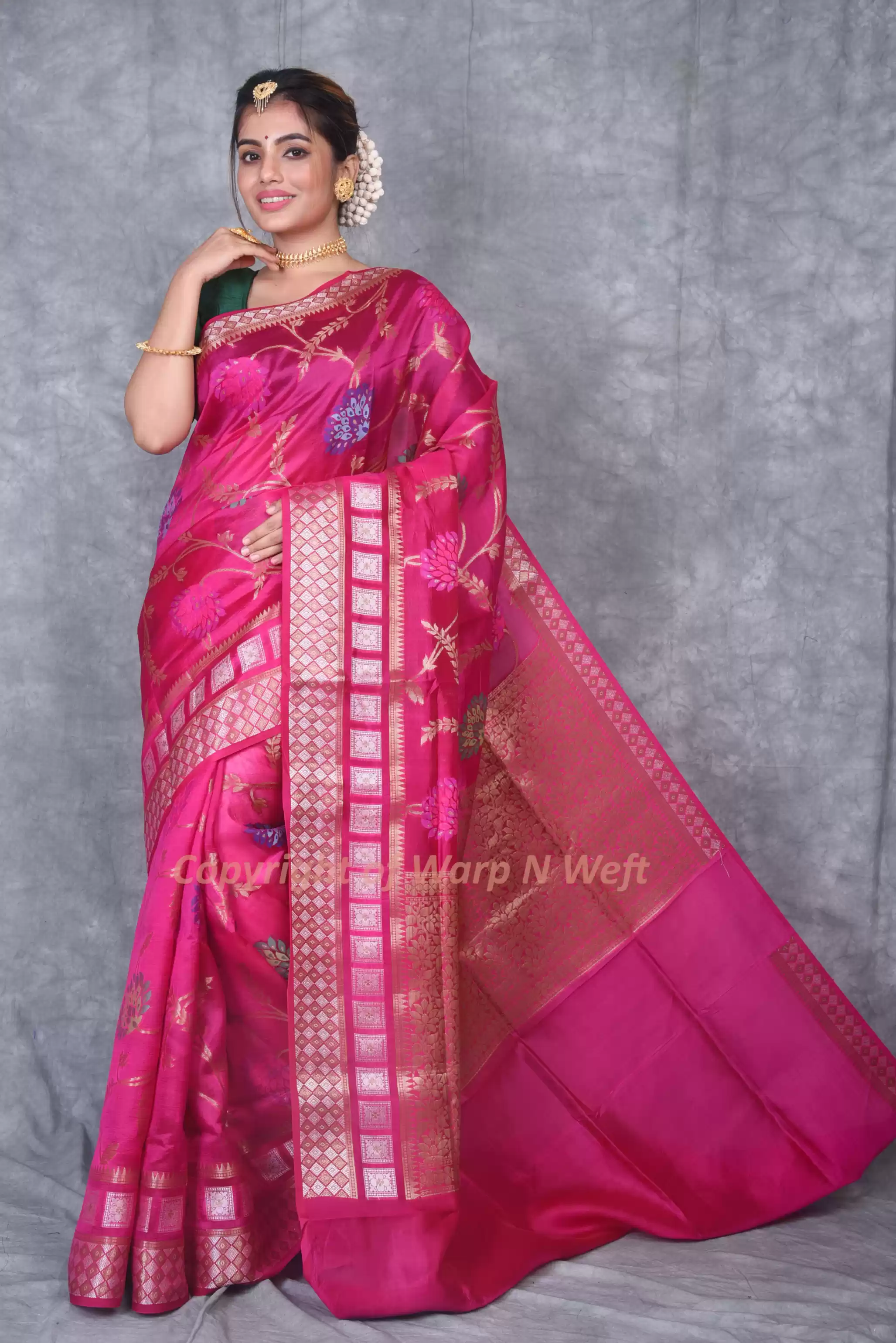 Pink Banarasi Silk Saree with Traditional Floral Motifs & Zari Border