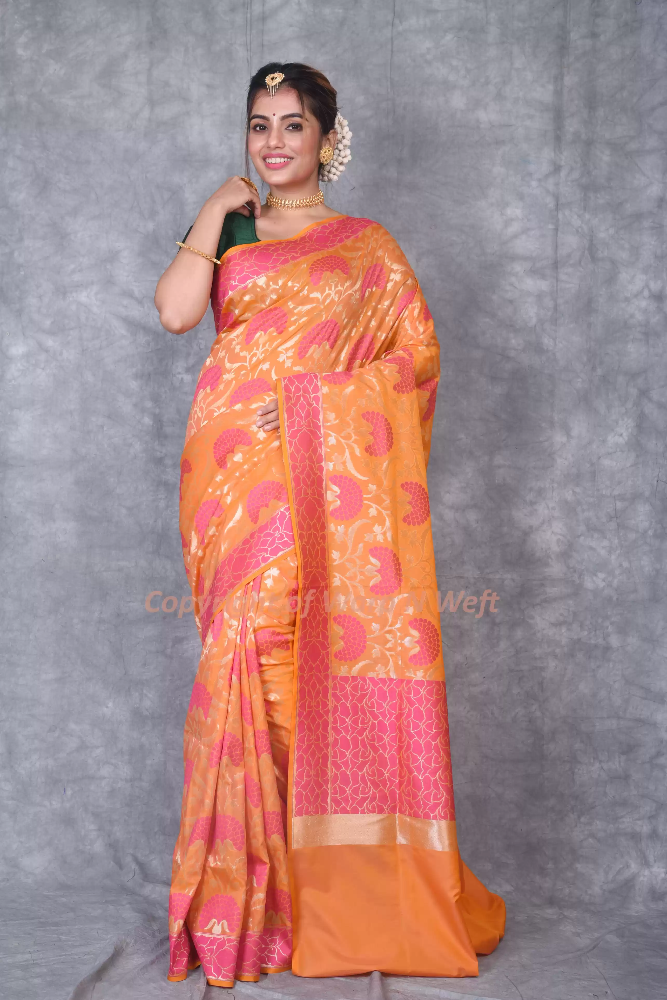 Orange & Pink Woven Banarasi Soft Silk Saree with Zari Border
