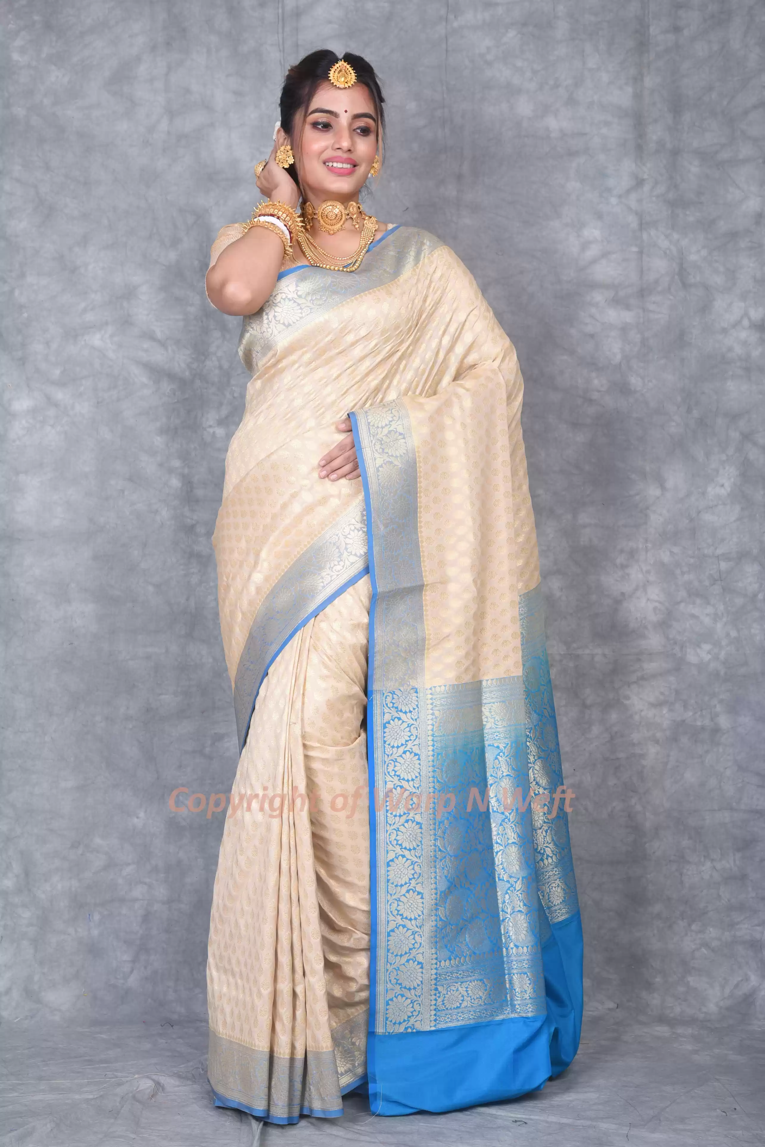 Off-White Banarasi Silk Saree with Blue Contrast Zari Border & Rich Pallu