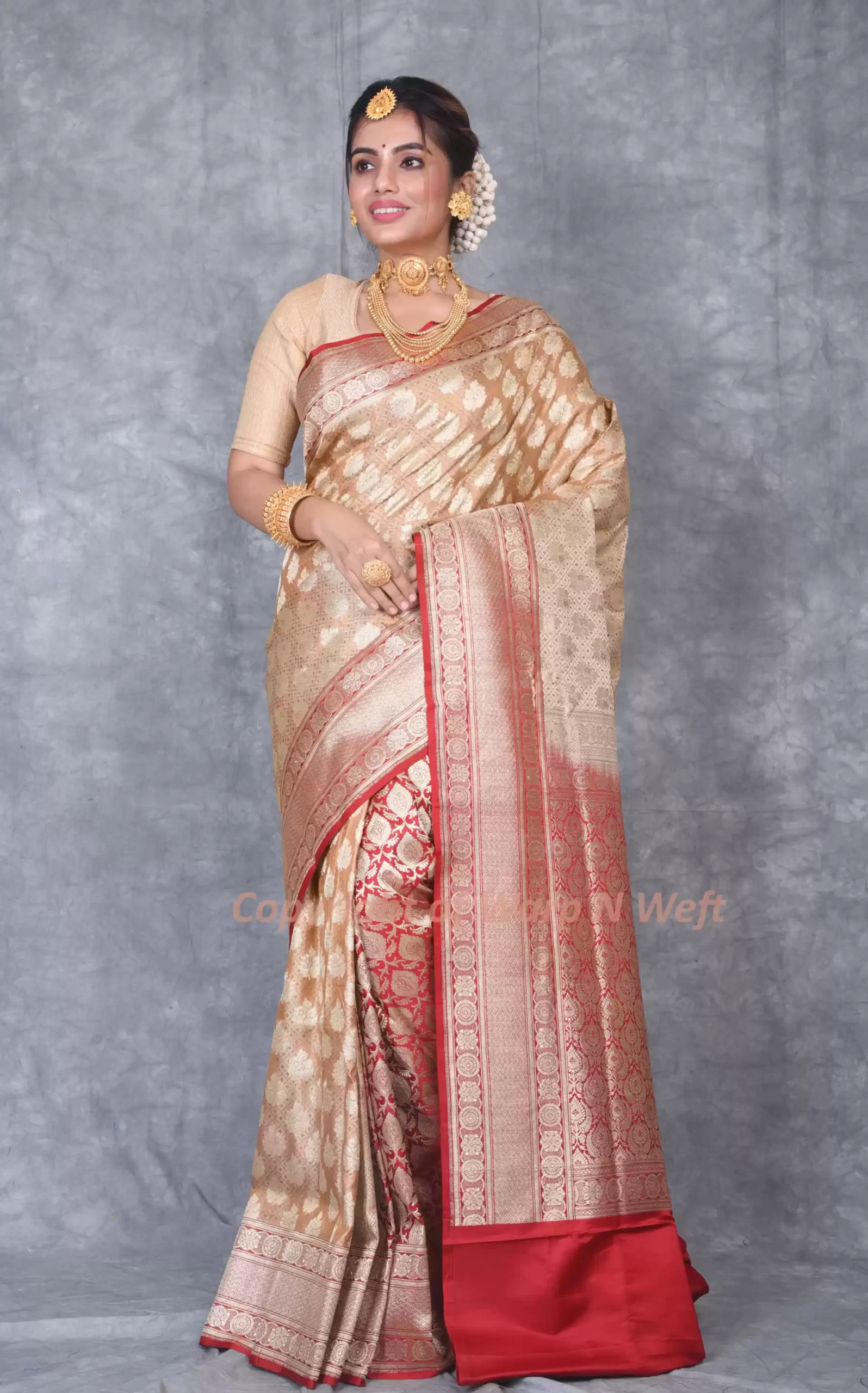 Beige Contrast Red Silk Banarasi Saree