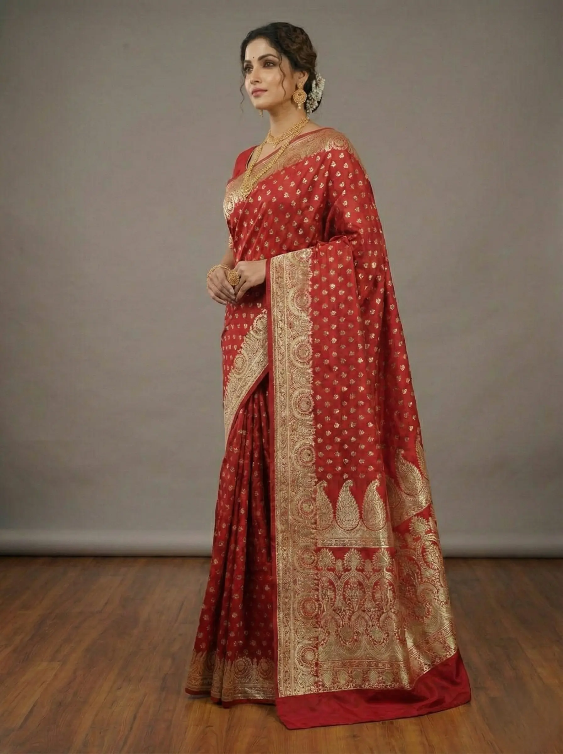 Red and Gold Woven Banarasi Silk Saree - Image 2