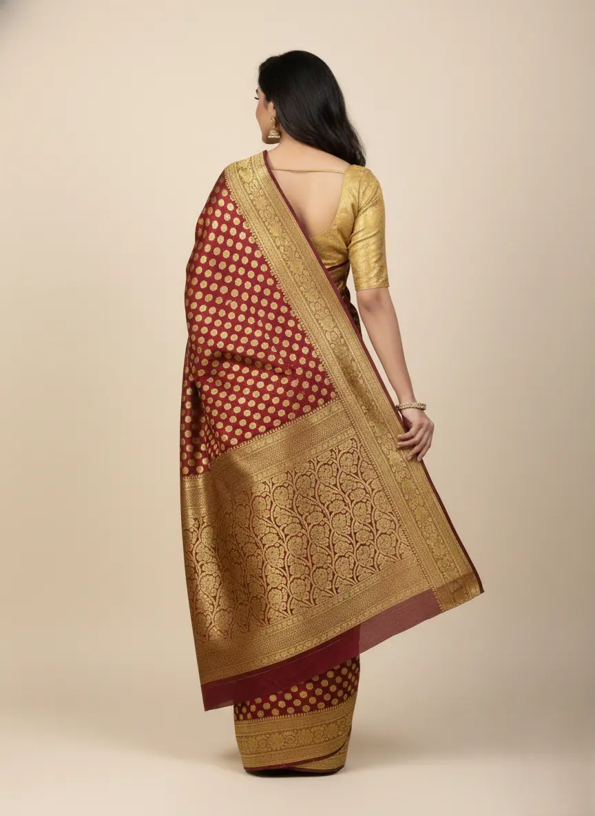 Maroon and Gold Jacquard Silk Banarasi Saree - Image 3