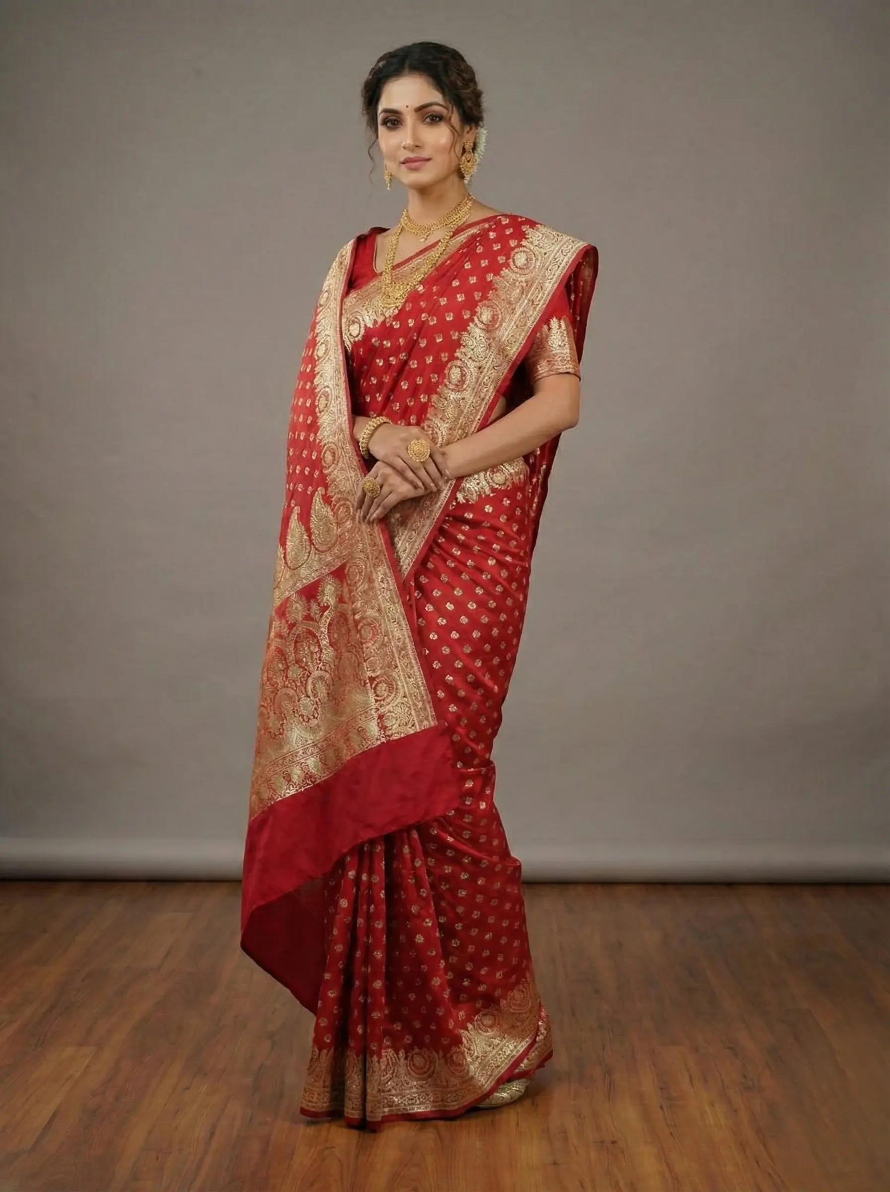 Red and Gold Woven Banarasi Silk Saree - Image 3