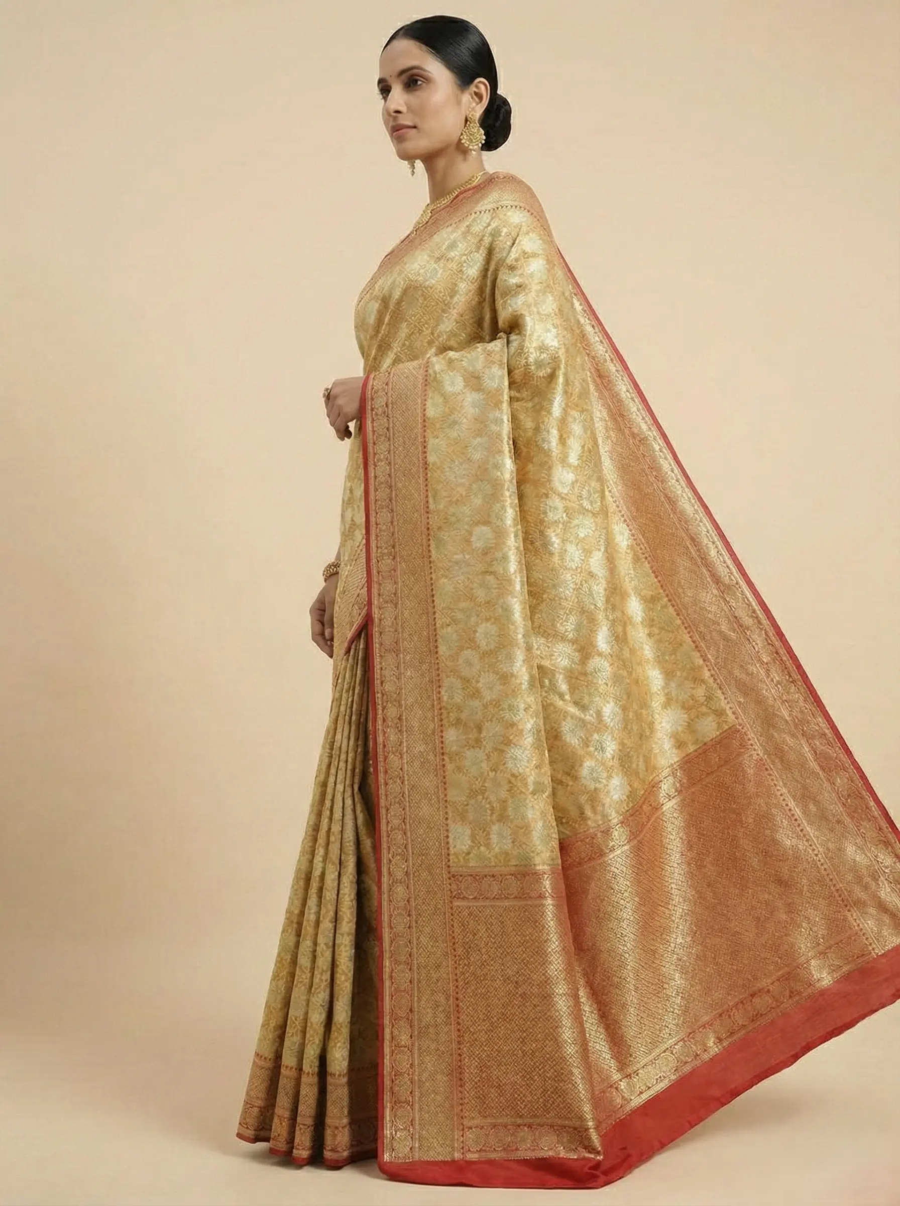 Golden Banarasi Silk Saree with Zari Work & Red Contrast Border - Image 3
