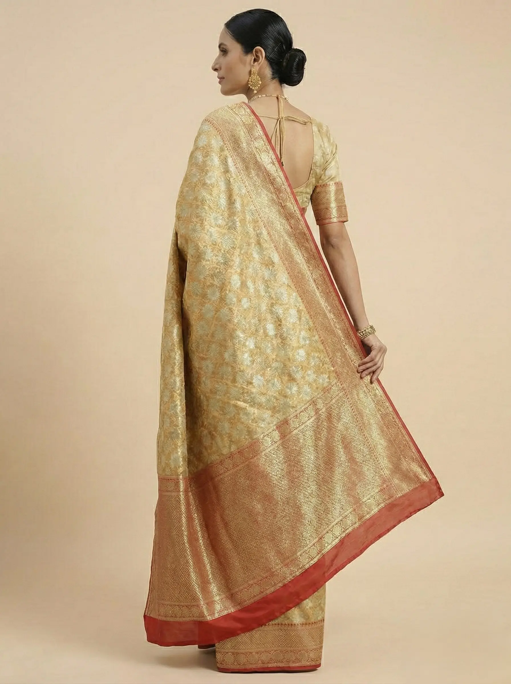 Golden Banarasi Silk Saree with Zari Work & Red Contrast Border - Image 2