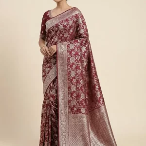 Wine-Colored Banarasi Pure Silk Saree with Zari Embroidery