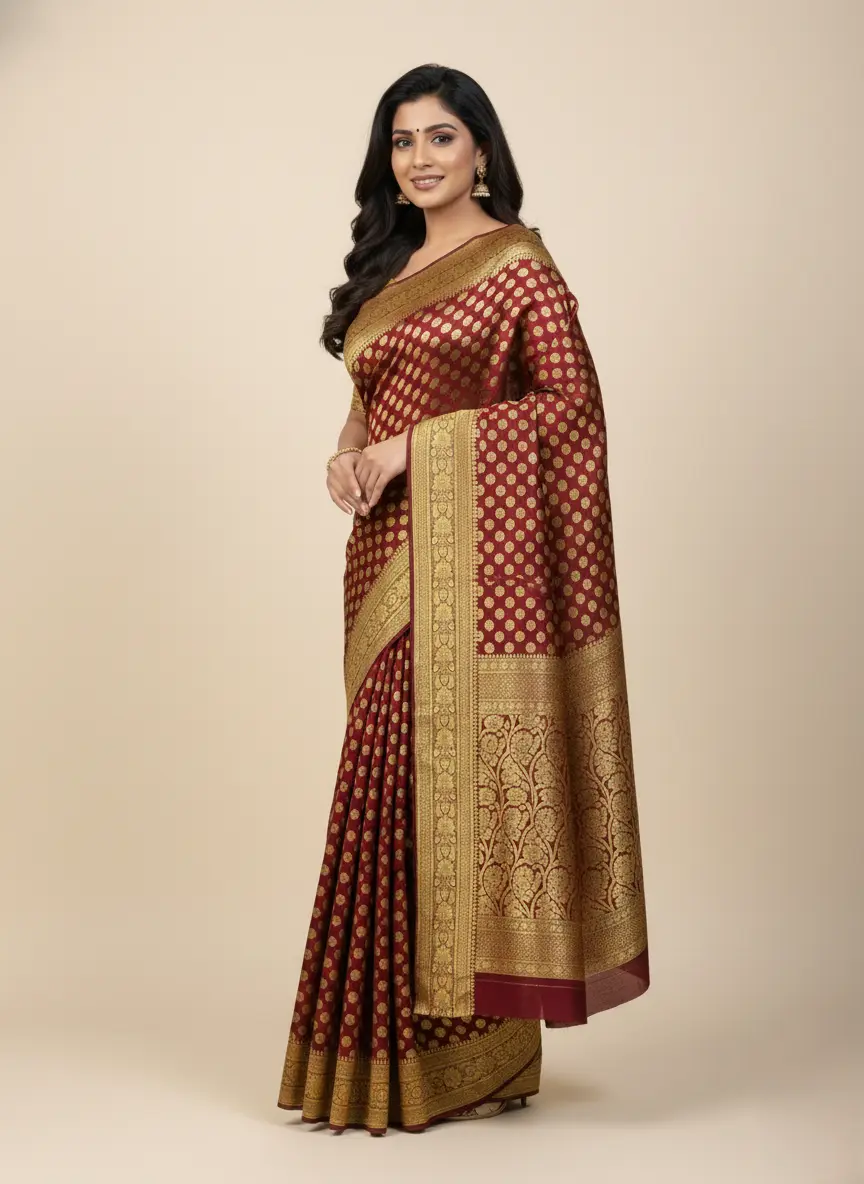 Maroon and Gold Jacquard Silk Banarasi Saree - Image 2