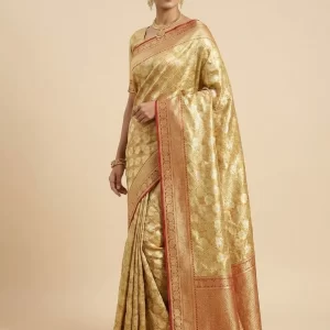 Golden Banarasi Silk Saree with Zari Work & Red Contrast Border