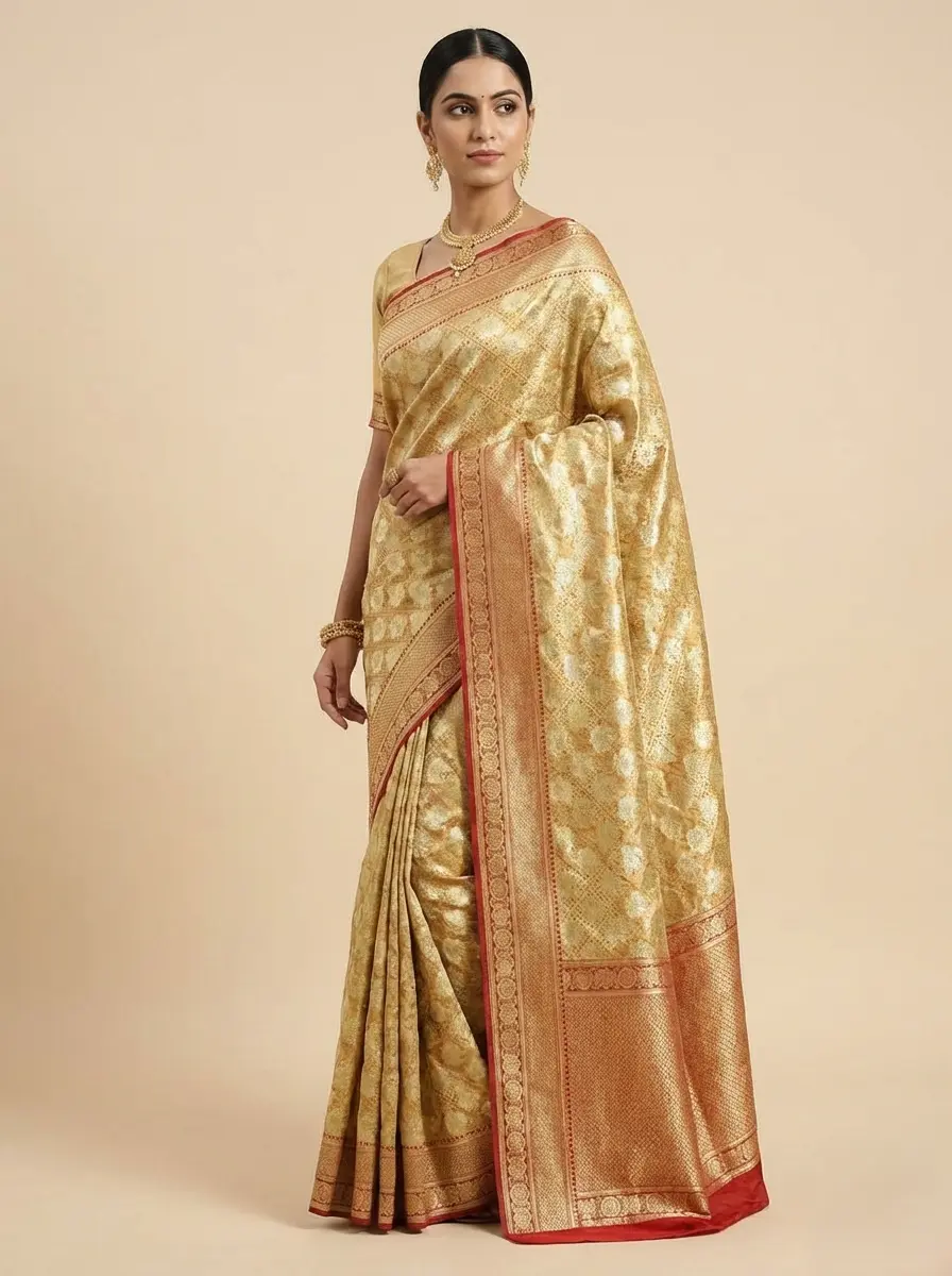 Golden Banarasi Silk Saree with Zari Work & Red Contrast Border