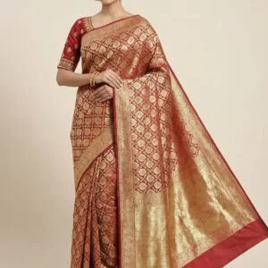 Maroon & Golden Zari Woven Katan Banarasi Silk Saree