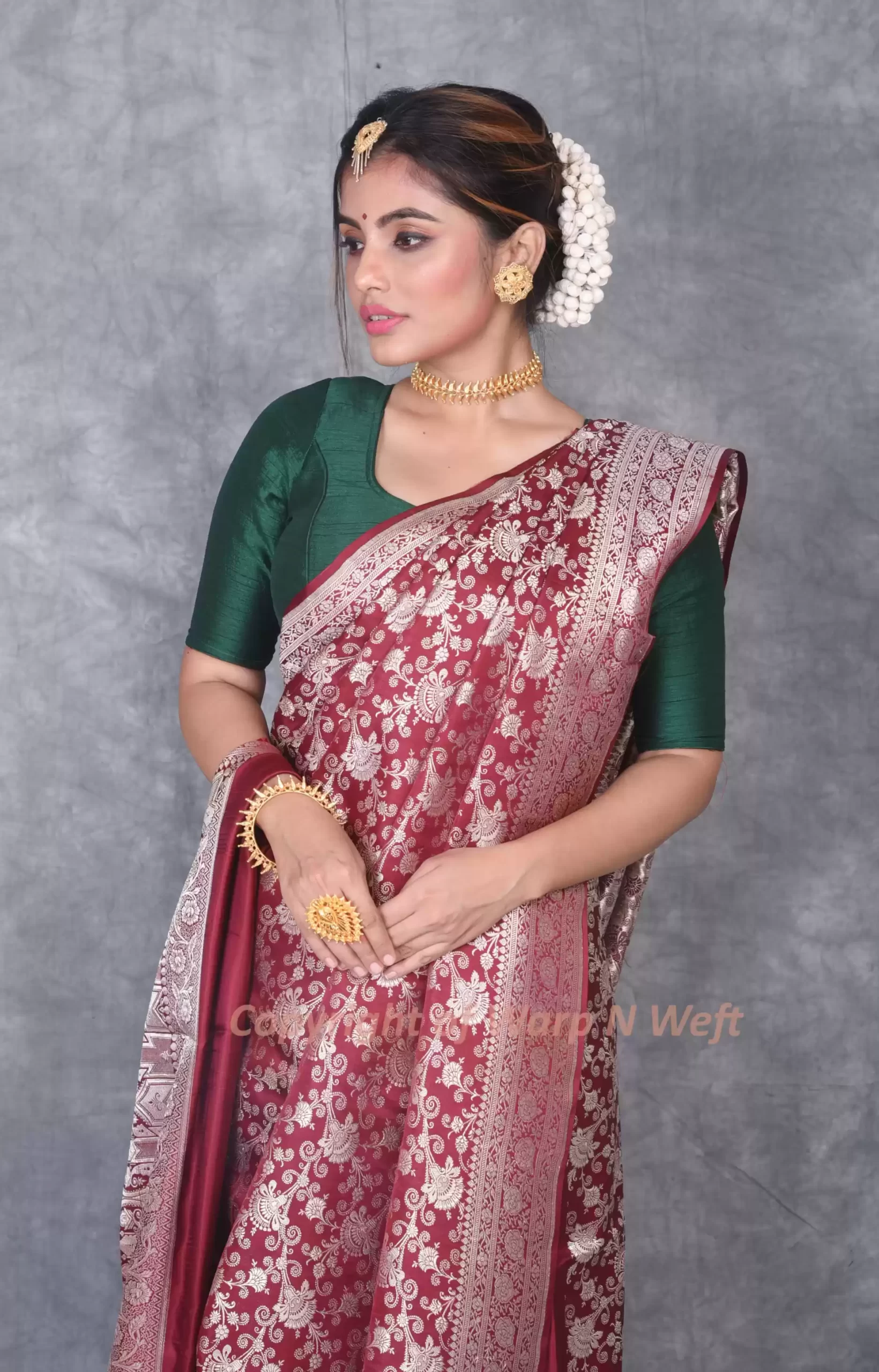 Maroon Wedding Banarasi Silk Saree - Image 3