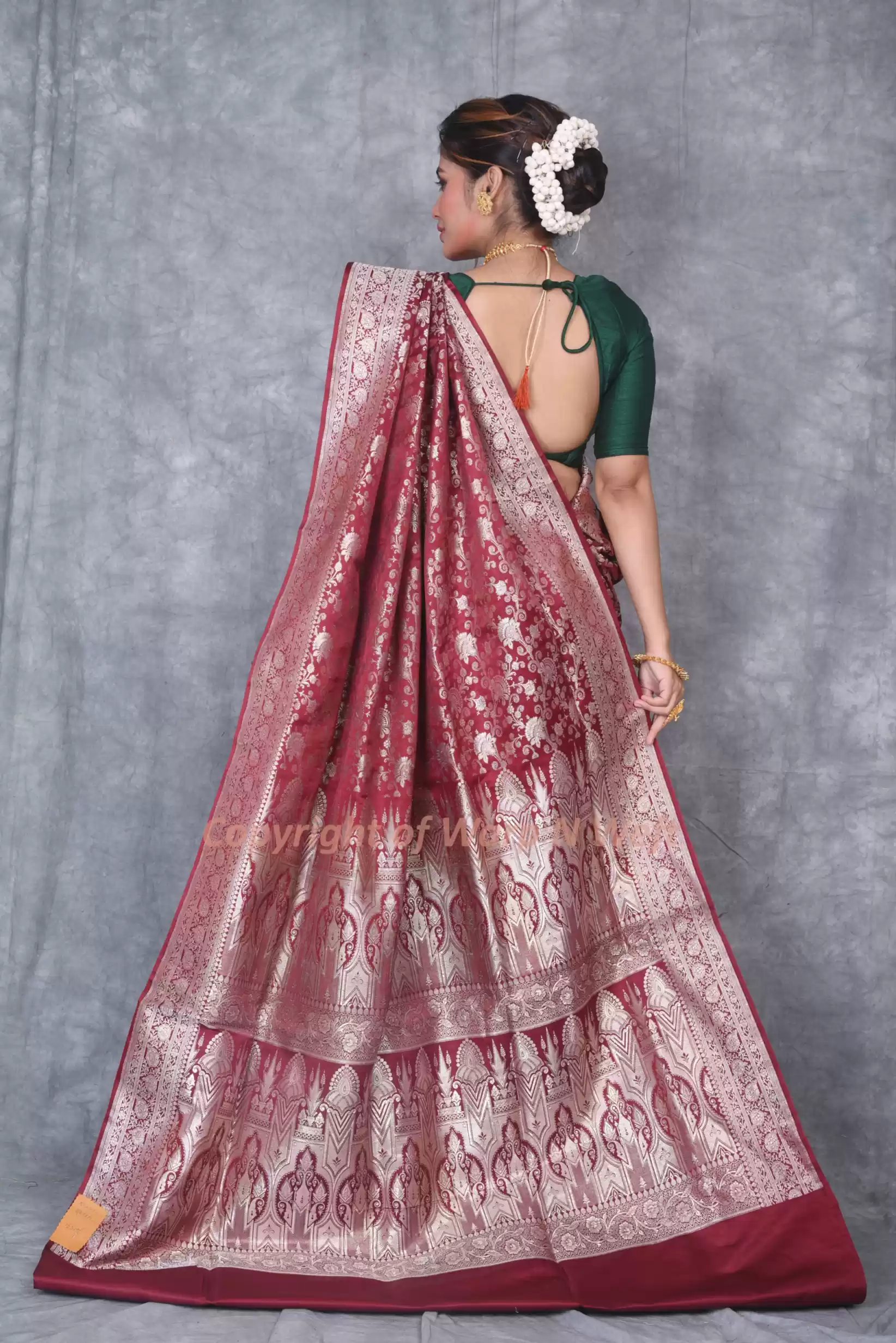 Maroon Wedding Banarasi Silk Saree - Image 2
