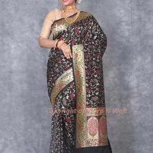 Black Banarasi Silk Works Woven Saree with Golden Zari & Floral Design