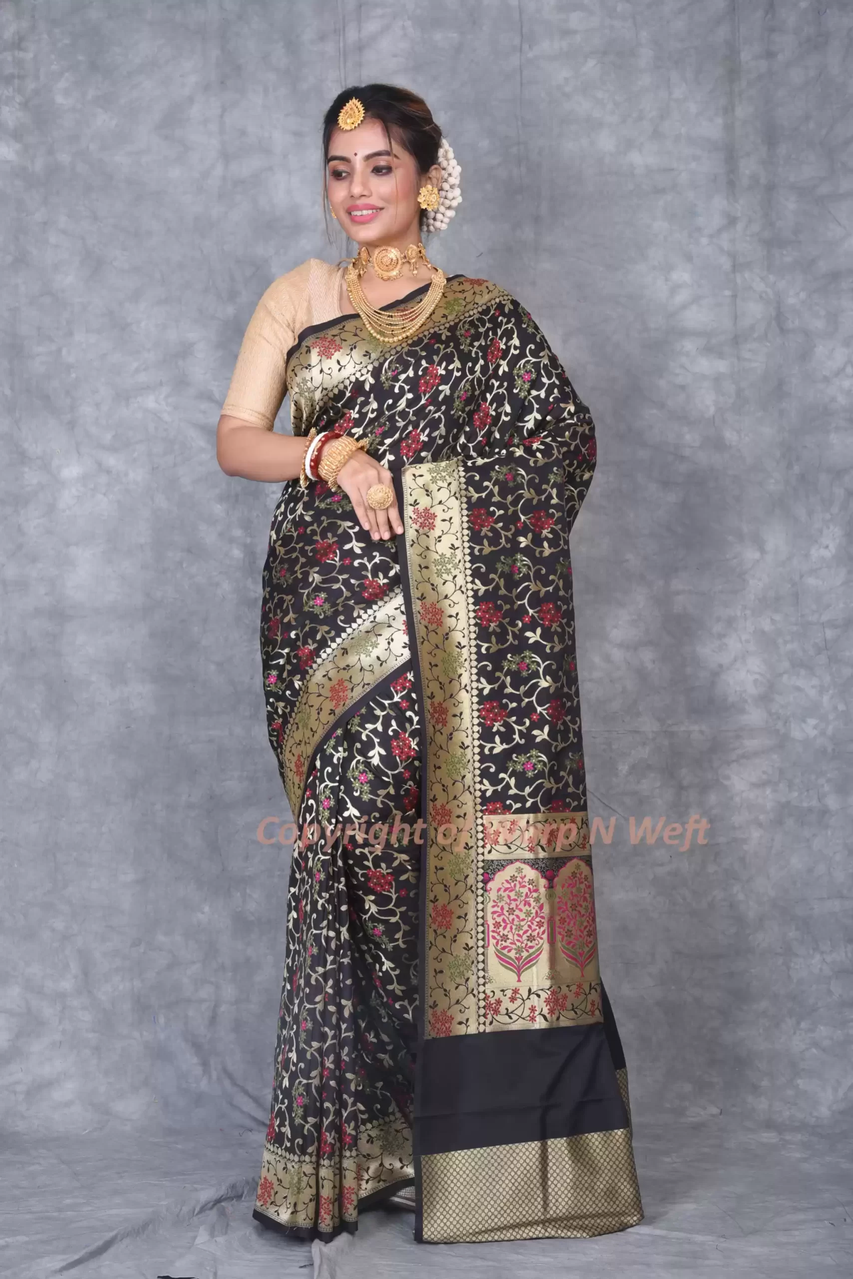 Black Banarasi Silk Works Woven Saree with Golden Zari & Floral Design