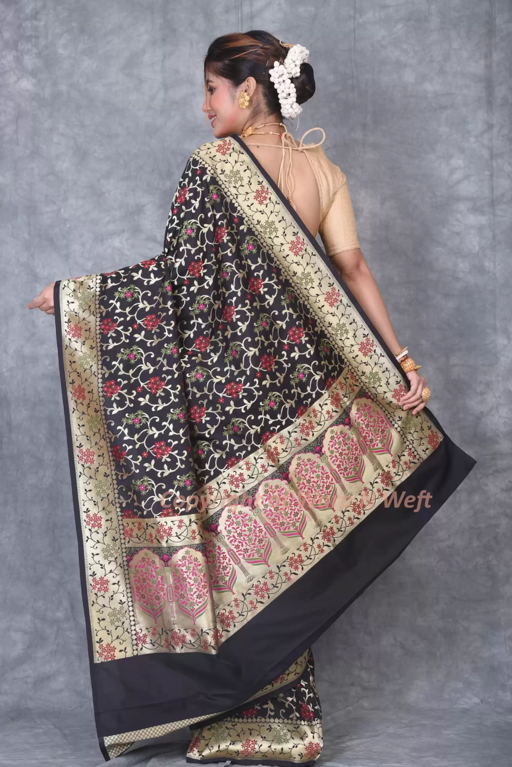 Black Banarasi Silk Works Woven Saree with Golden Zari & Floral Design - Image 3