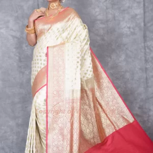 Off‑White & Rani Pink Zari Woven Benarasi Upara Silk Saree