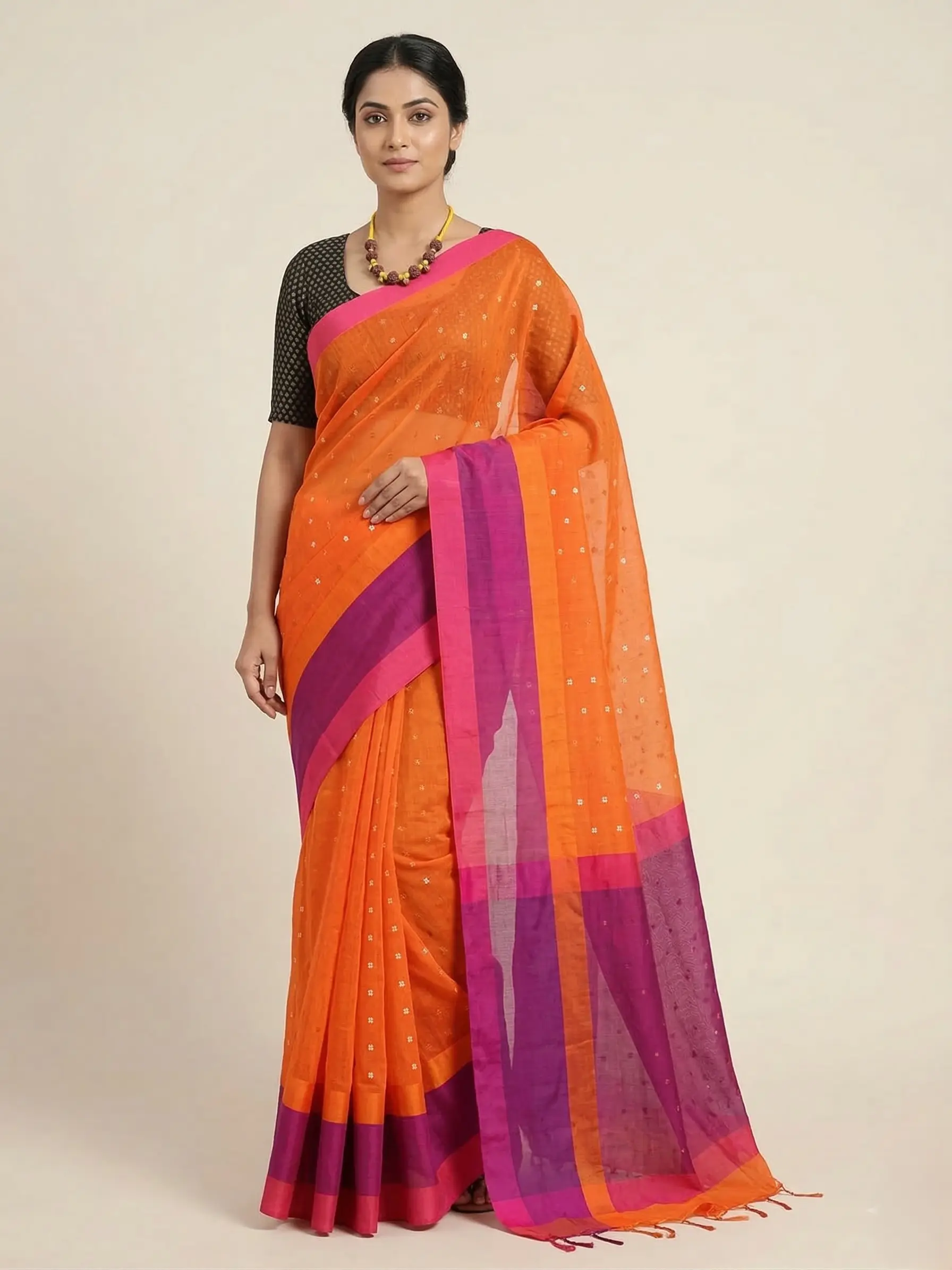 Muslin Sequin Weaving Saree with Contrast Border & Blouse Piece