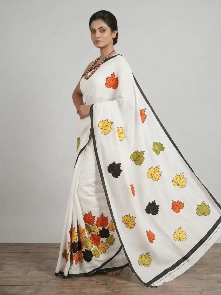 Elegant white cotton saree with colorful leaf patchwork and black border, perfect for traditional an.