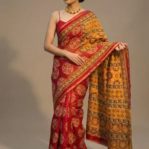 Bright Red Chanderi Silk Saree with Ajrak Hand Block Print & Yellow Pallu