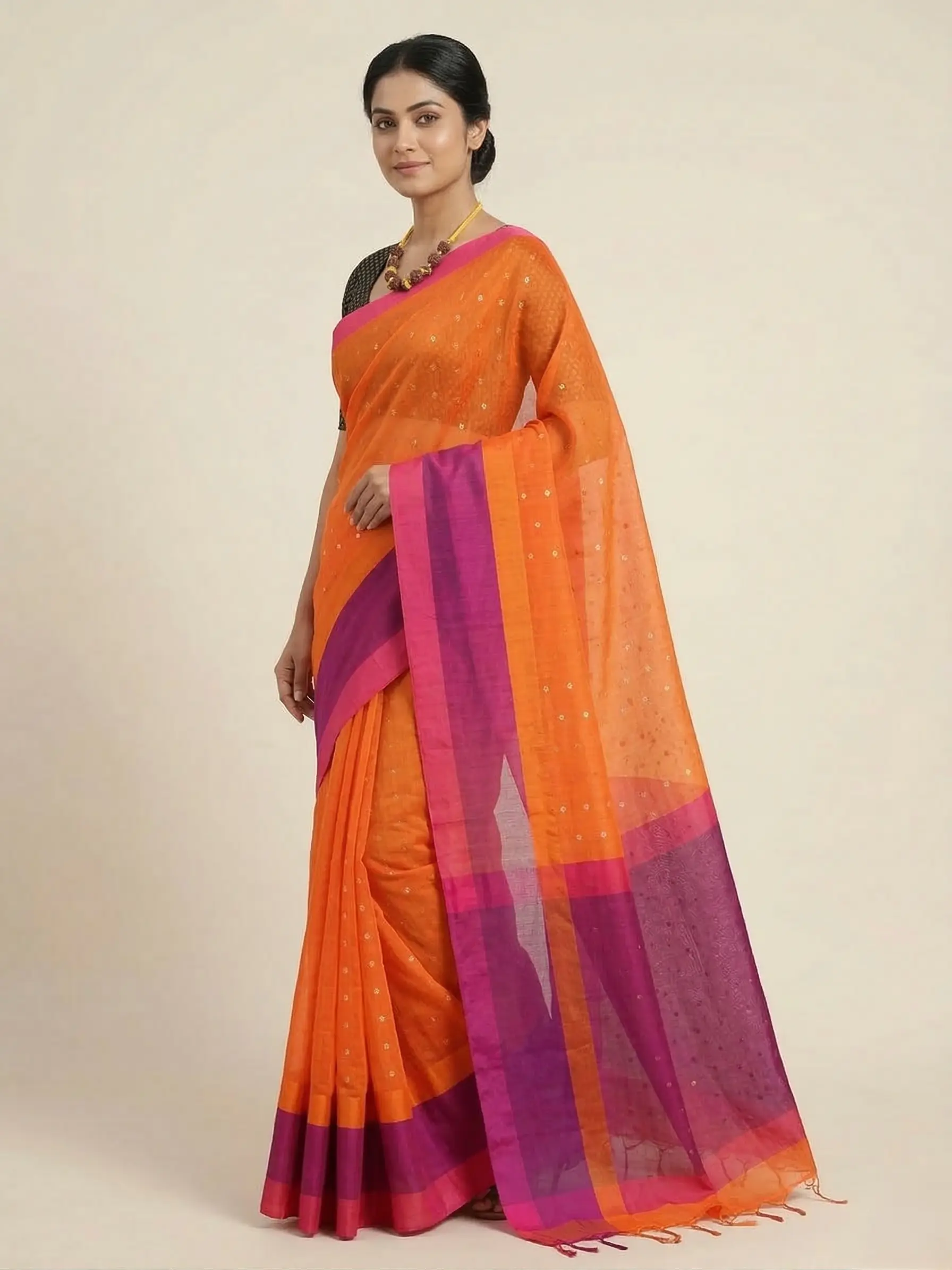 Muslin Sequin Weaving Saree with Contrast Border & Blouse Piece - Image 2