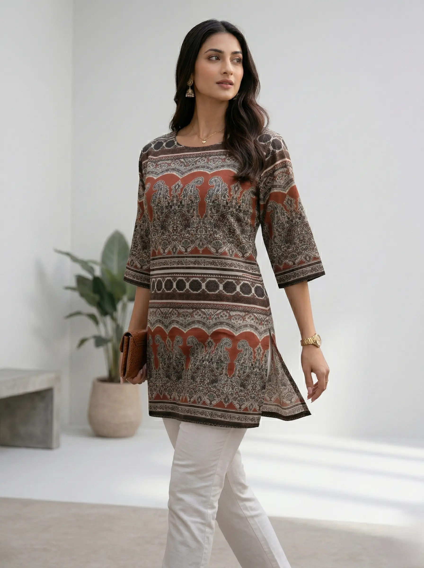 Rust Brown Paisley Ajrakh Inspired Cotton Short Kurti Top - Image 3