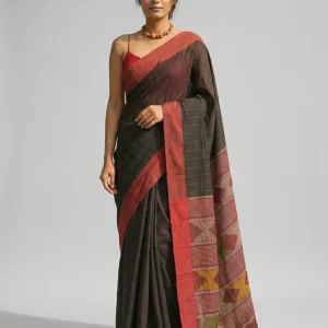 Black & Red Kantha Striped Handloom Pure Cotton Saree with Red Border