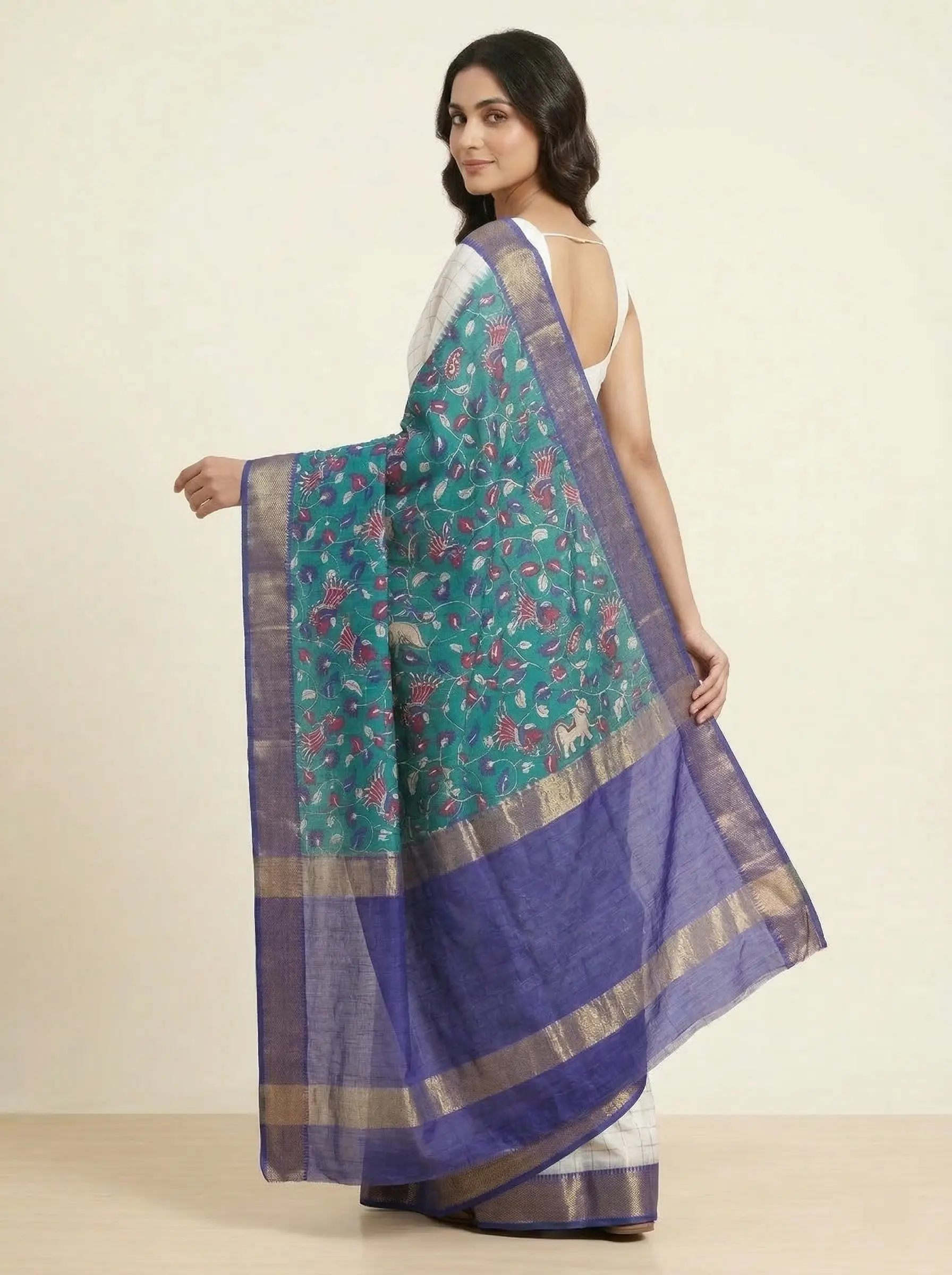Off-White Linen Saree with Kalamkari Border & Pallu - Image 3