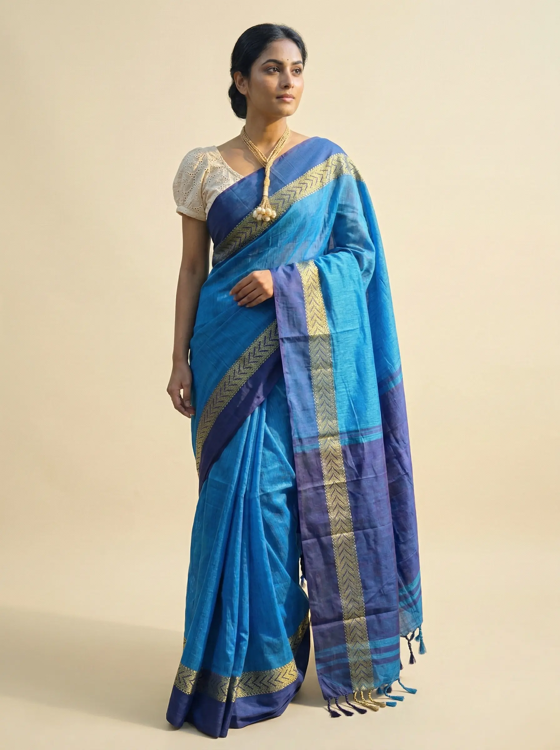 Royal Blue Cotton Handloom Saree with Broad Border
