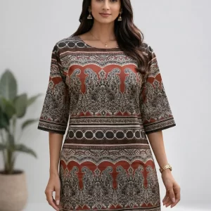 Rust Brown Paisley Ajrakh Inspired Cotton Short Kurti Top