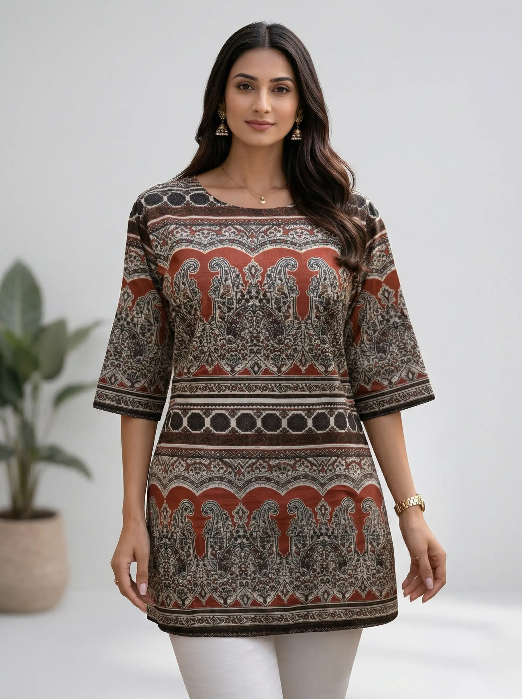 Rust Brown Paisley Ajrakh Inspired Cotton Short Kurti Top