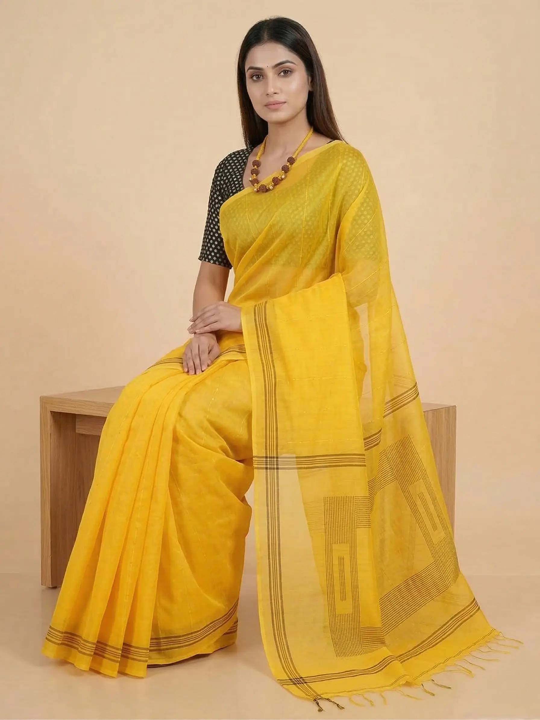 Premium Muslin Sequin Weaving Saree with Contrast Border - Image 3