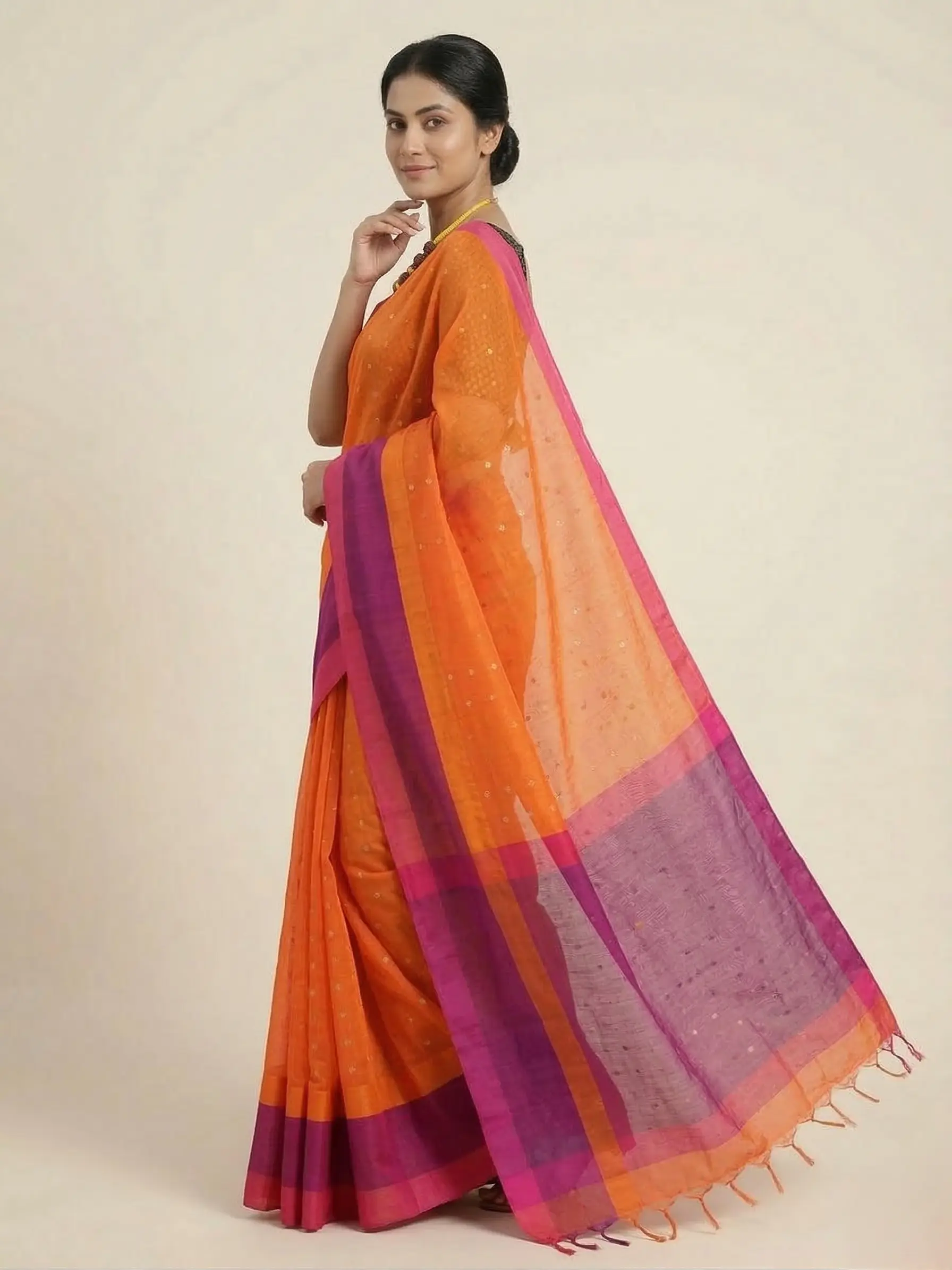 Muslin Sequin Weaving Saree with Contrast Border & Blouse Piece - Image 3