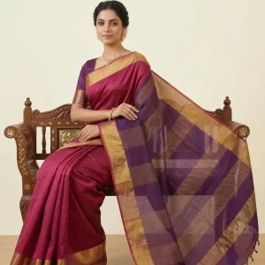 Tussar Silk Saree with Contrast Pallu & Broad Zari Border