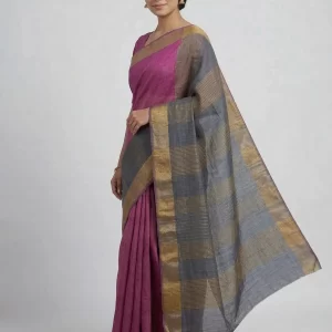 Tussar Silk Saree with Contrast Pallu & Broad Zari Border