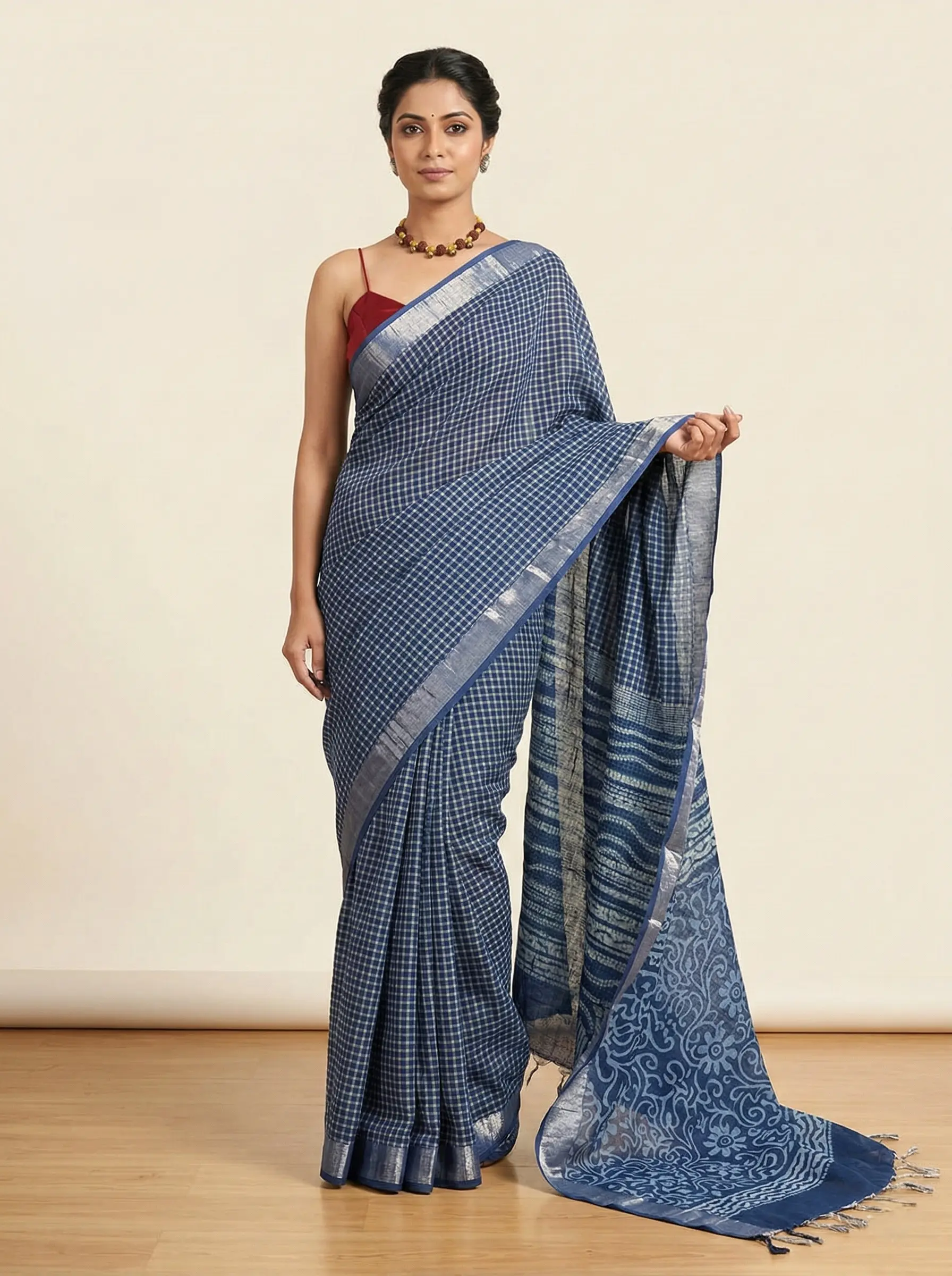 Elegant Blue Linen Saree with Small Check Pattern - Image 3
