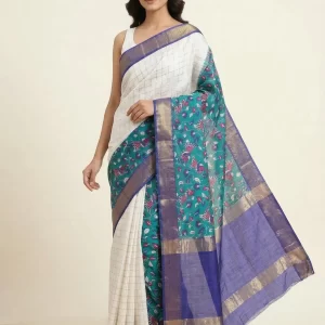 Off-White Linen Saree with Kalamkari Border & Pallu