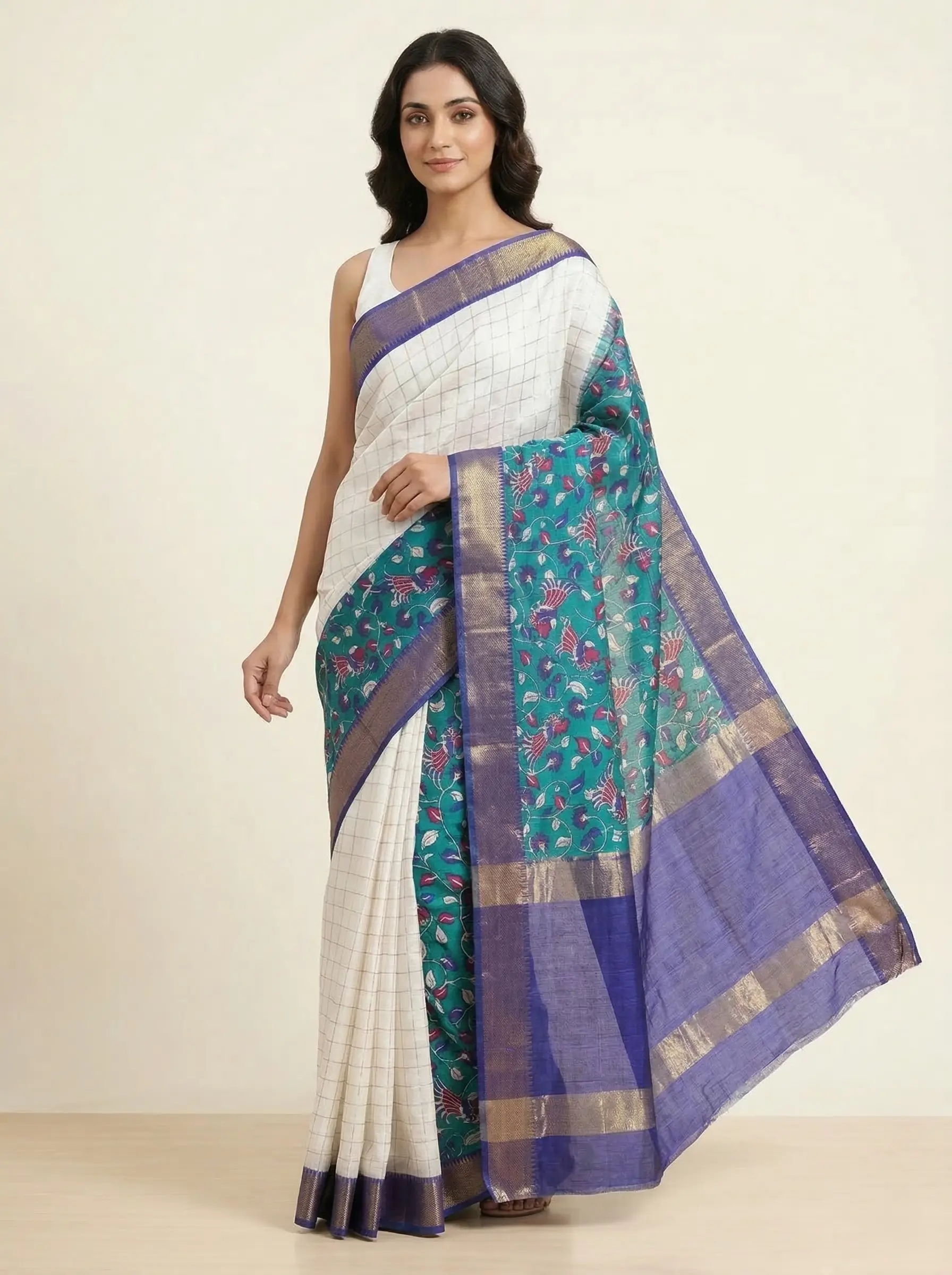 Off-White Linen Saree with Kalamkari Border & Pallu