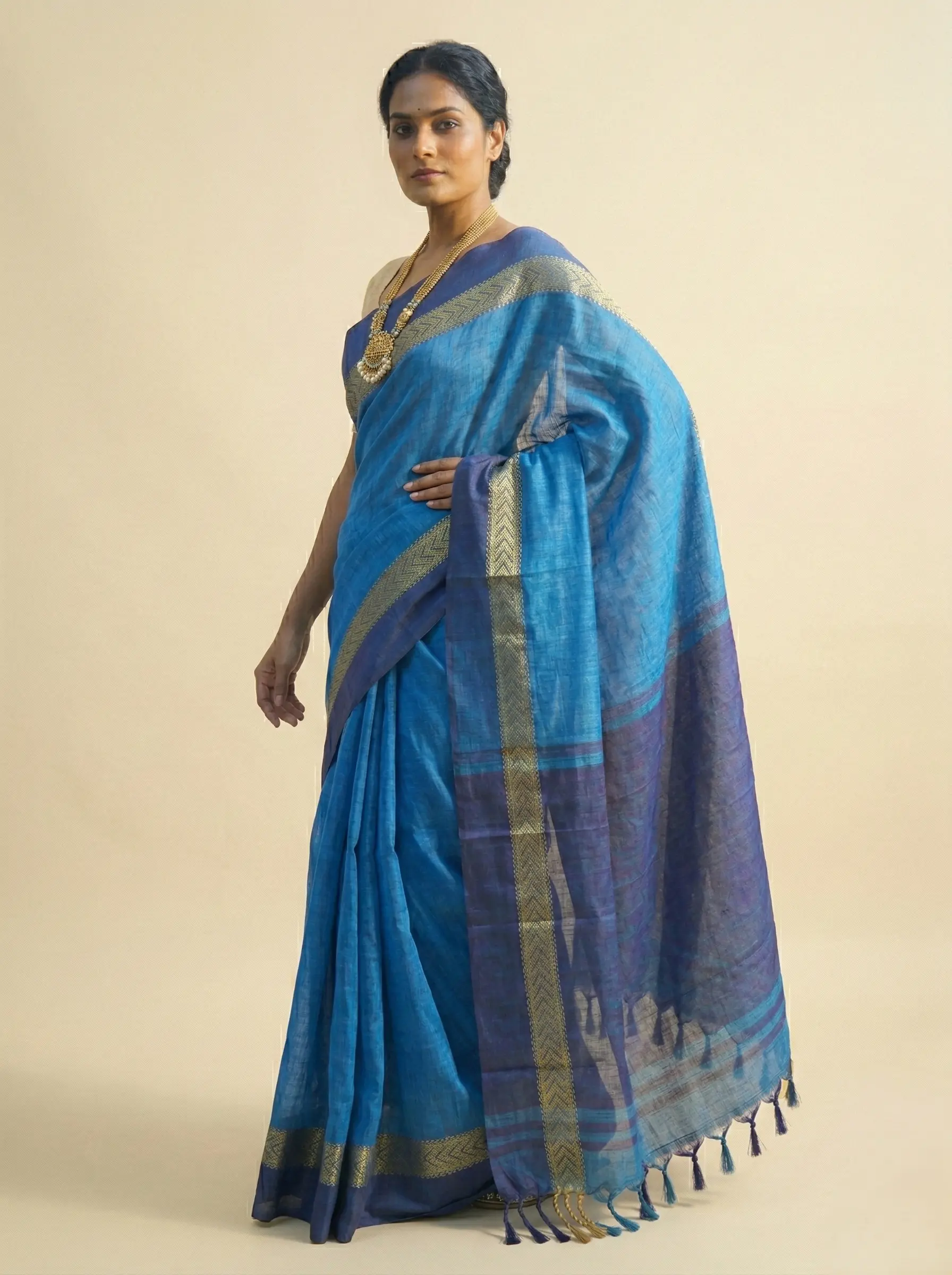 Royal Blue Cotton Handloom Saree with Broad Border - Image 3