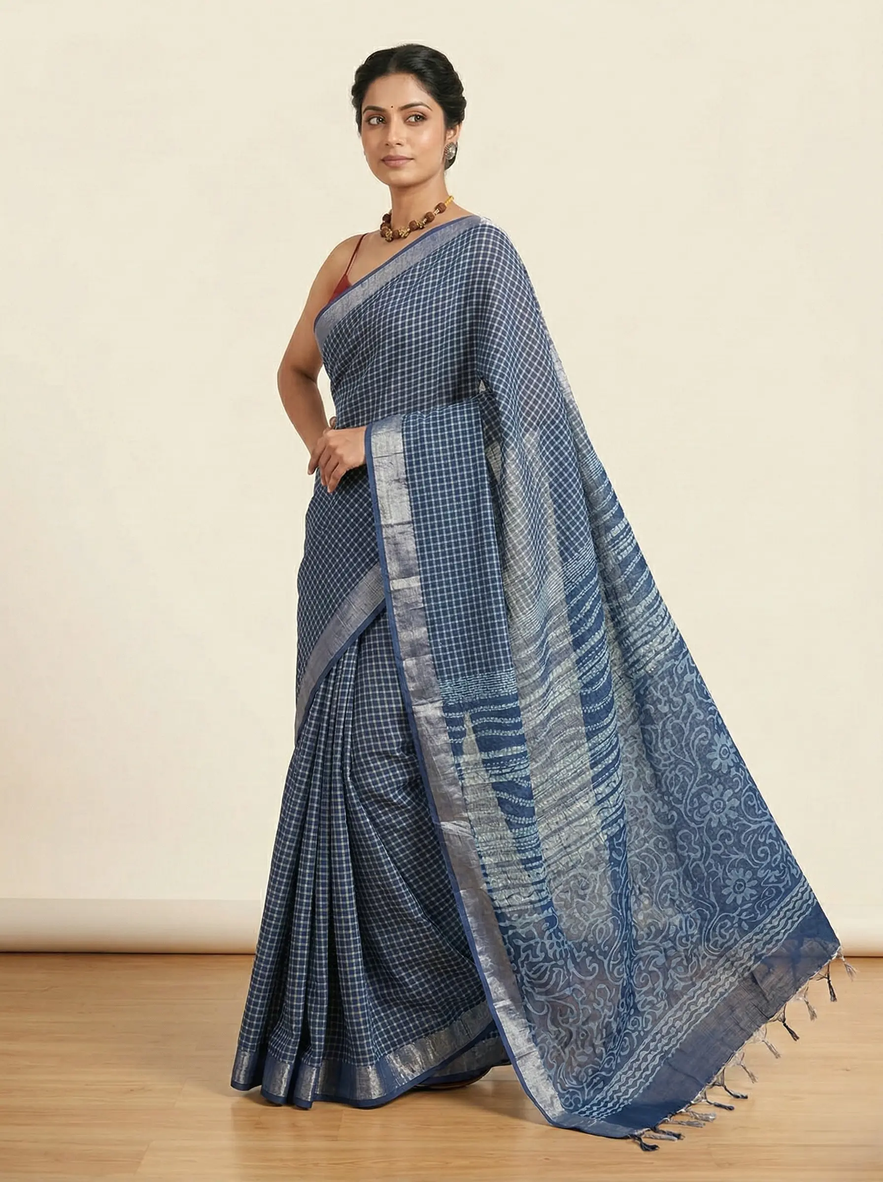 Elegant Blue Linen Saree with Small Check Pattern - Image 2