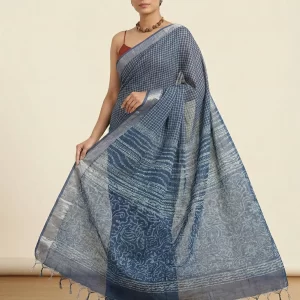 Elegant Blue Linen Saree with Small Check Pattern