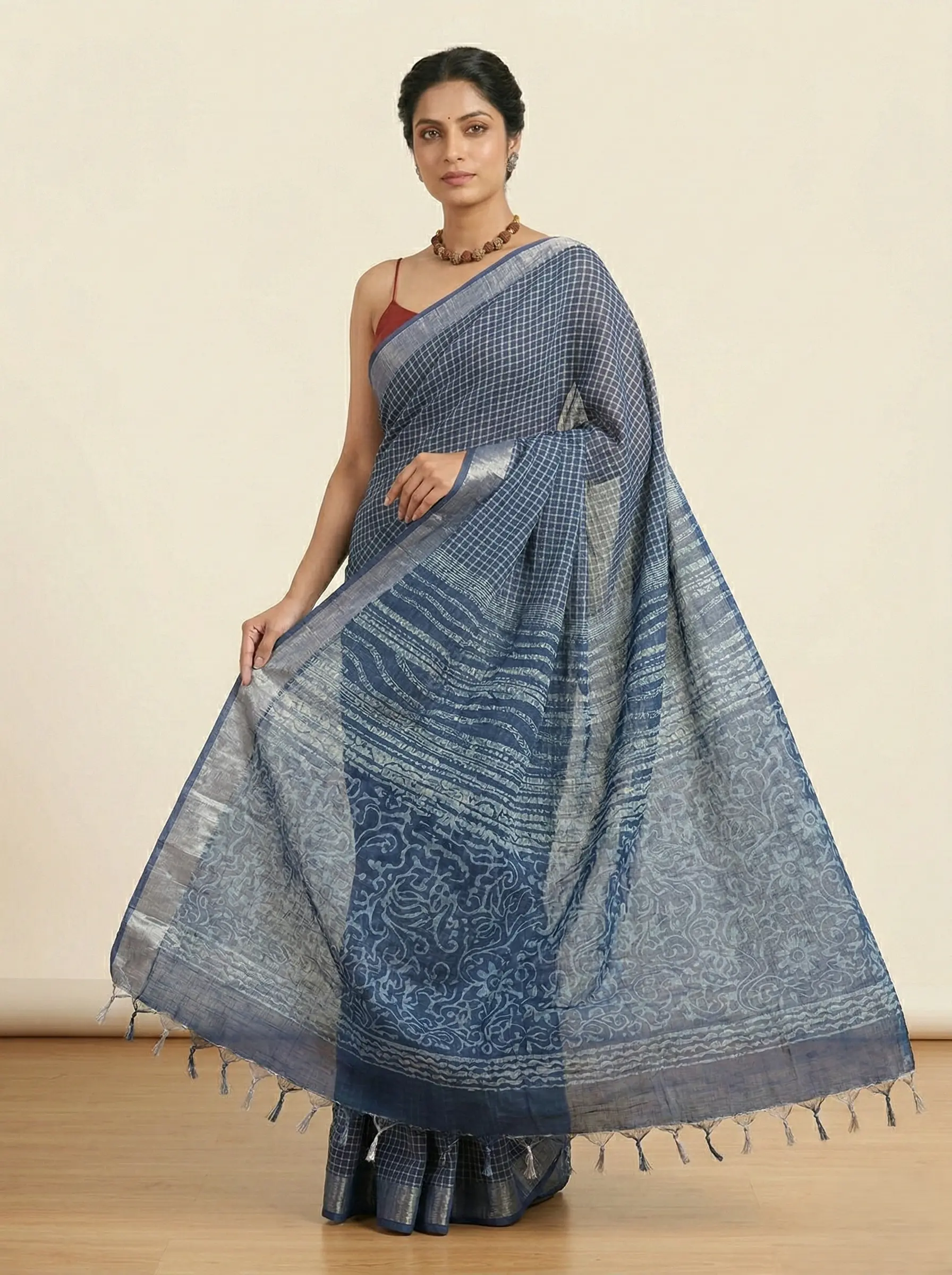 Elegant Blue Linen Saree with Small Check Pattern