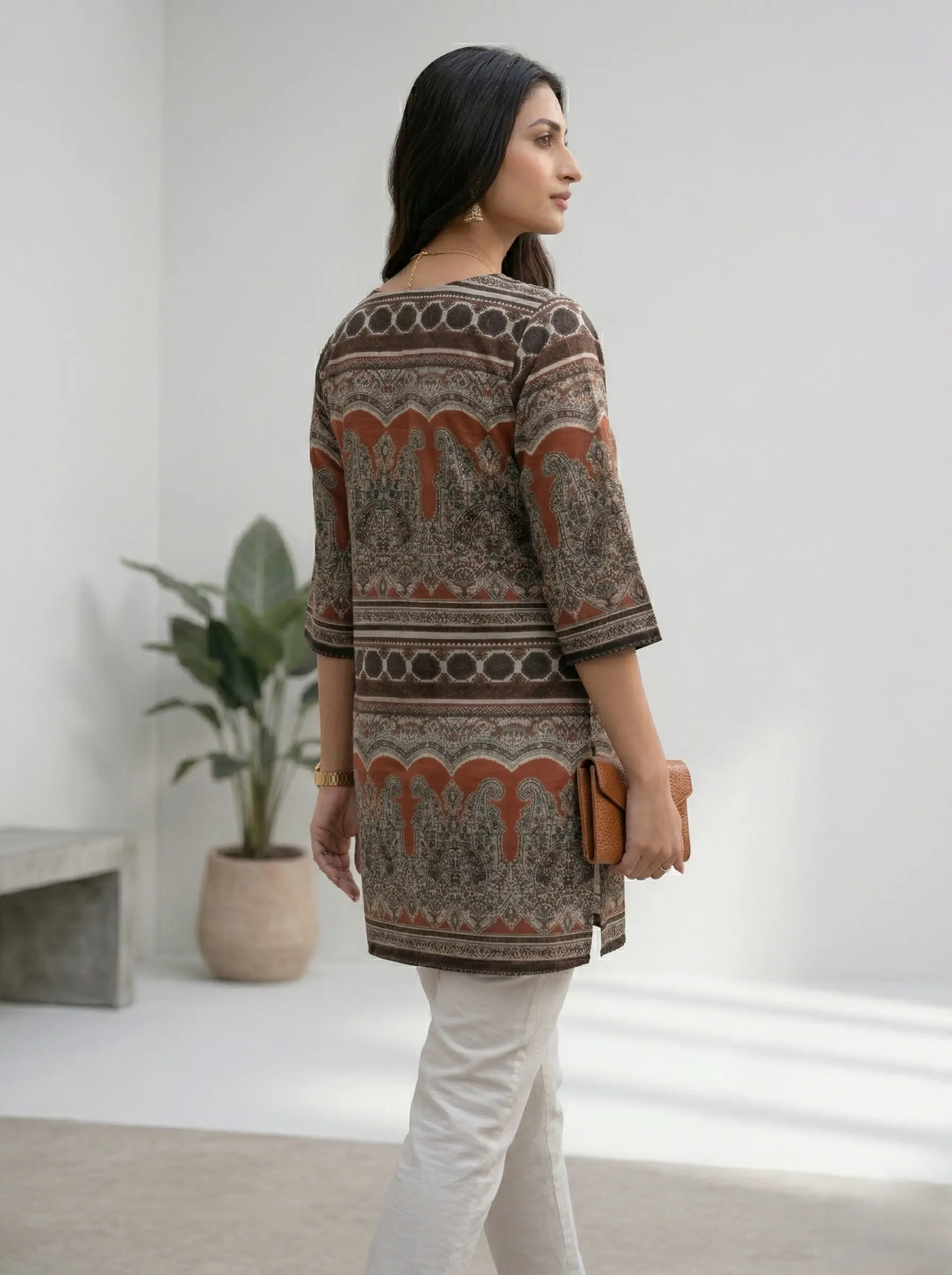 Rust Brown Paisley Ajrakh Inspired Cotton Short Kurti Top - Image 2