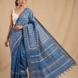 Steel Blue Linen Silk Saree with White Woven Motifs & Tassel Pallu