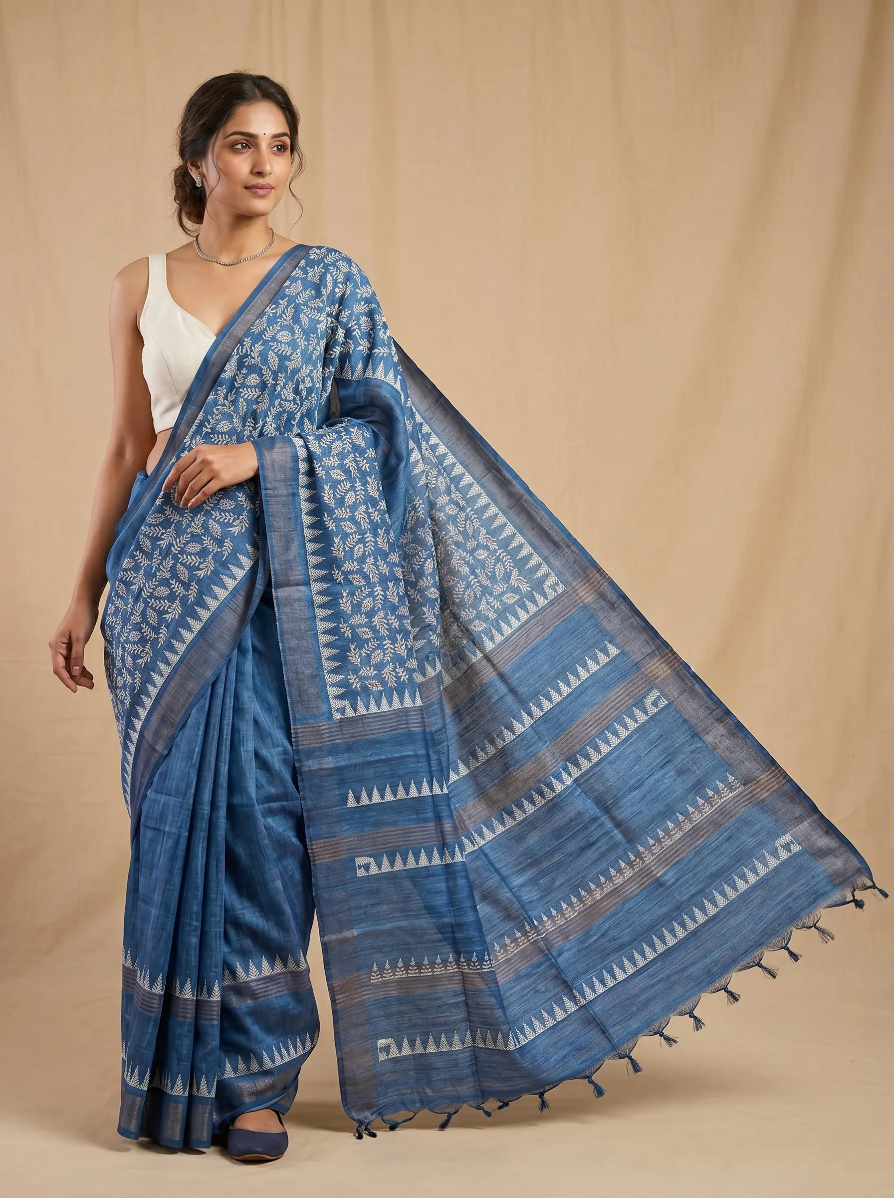Steel Blue Linen Silk Saree with White Woven Motifs & Tassel Pallu