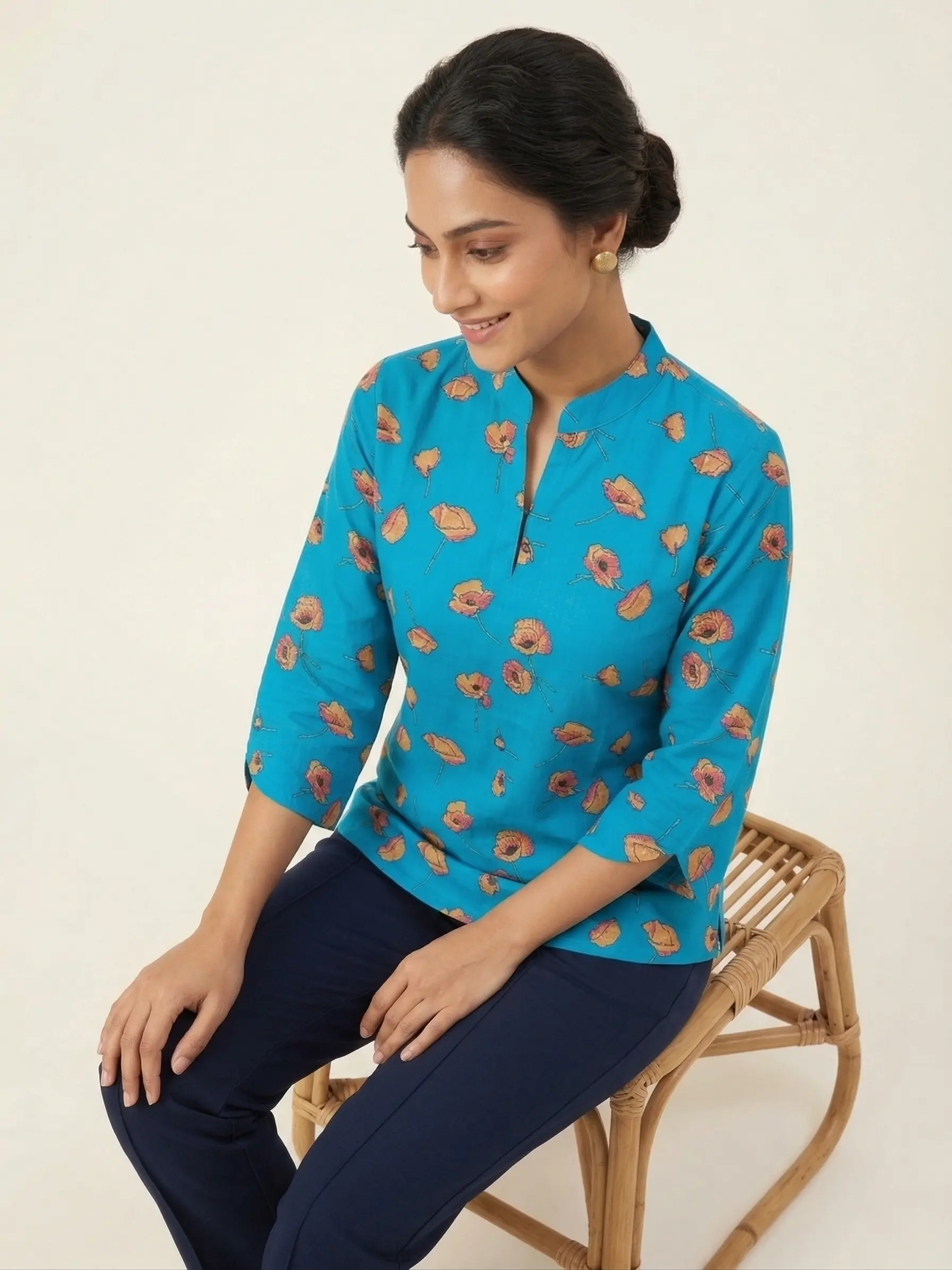 Short Cotton Ajrakh Floral Print Top for Women - Image 3