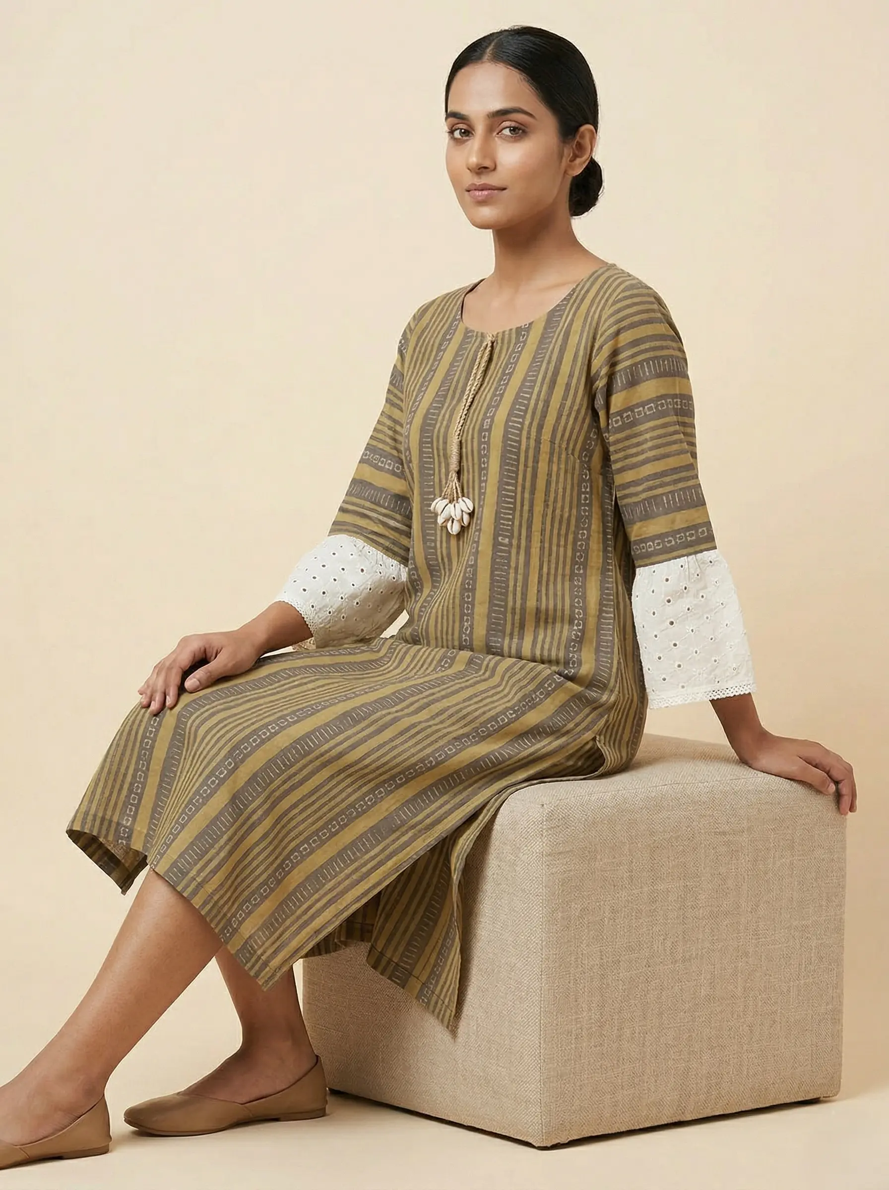 Women’s Olive Striped Cotton Straight Kurti with Eyelet Bell Sleeves - Image 3